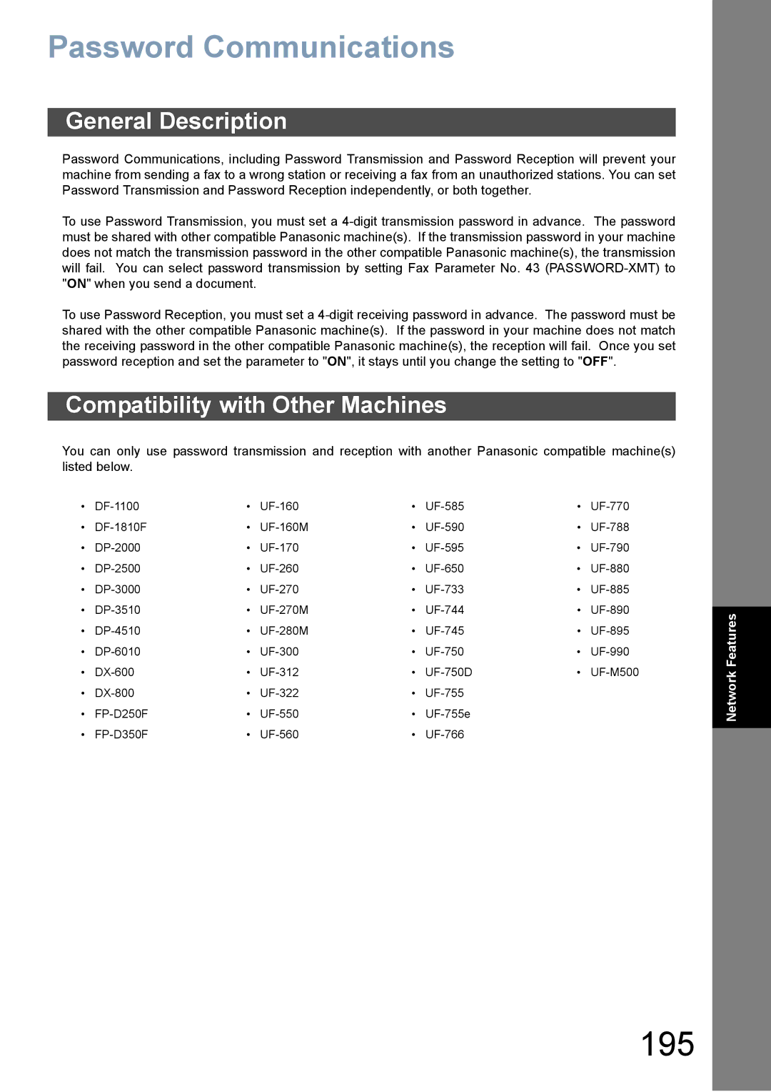 Panasonic DX-800 appendix 195, Password Communications, Compatibility with Other Machines 