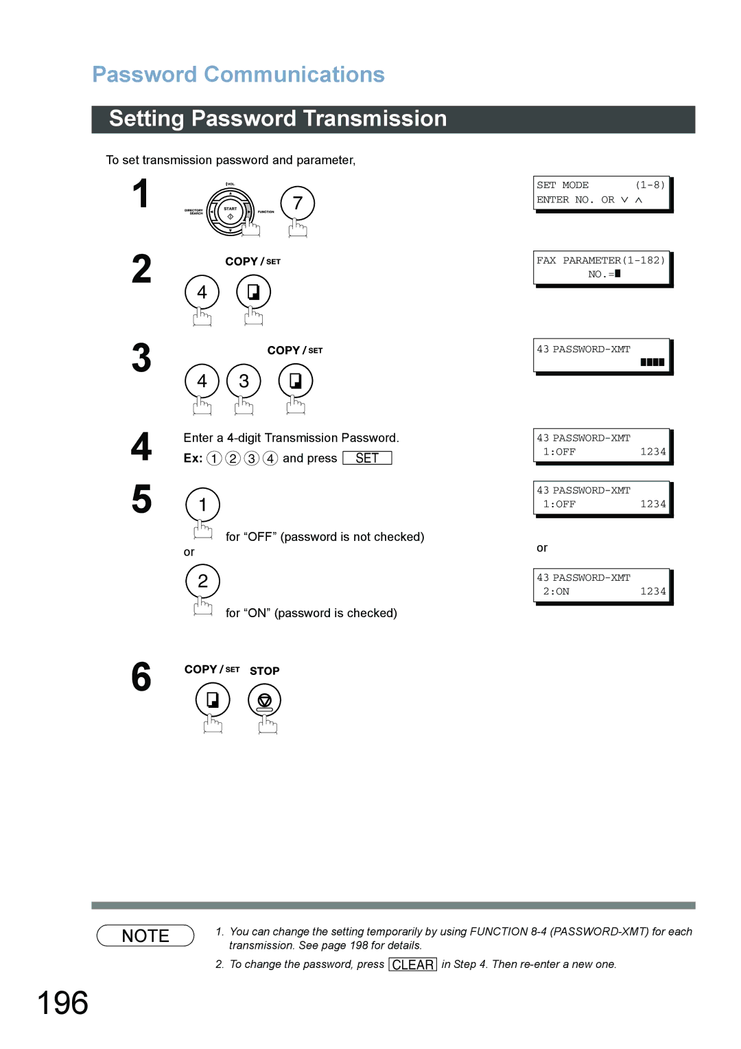 Panasonic DX-800 appendix 196, Password Communications, Setting Password Transmission, Password-Xmt 