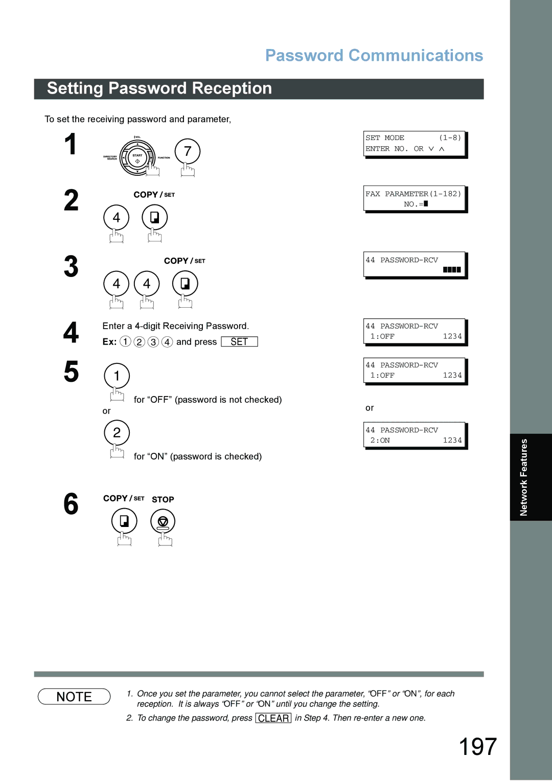 Panasonic DX-800 197, Setting Password Reception, Press SET, For OFF password is not checked For on password is checked 