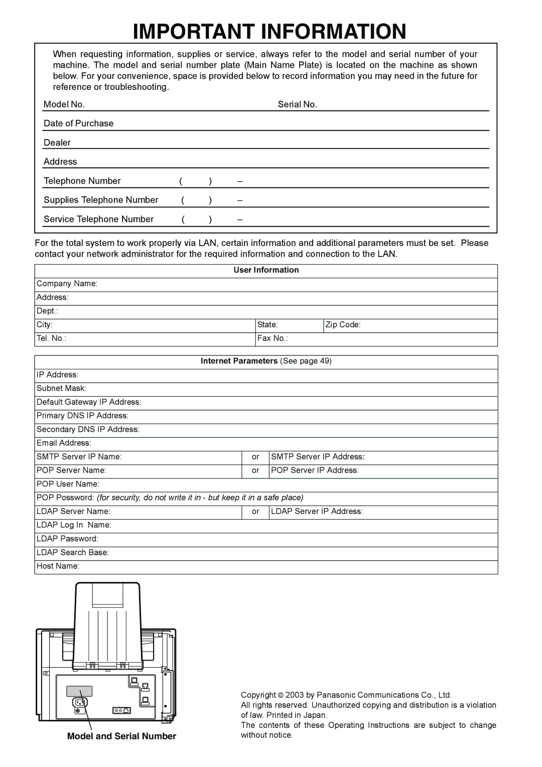 Panasonic DX-800 appendix Important Information 