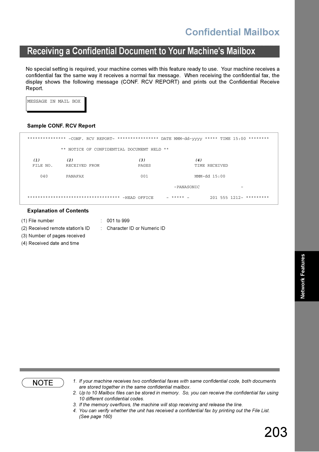 Panasonic DX-800 appendix 203, Receiving a Confidential Document to Your Machines Mailbox, Sample CONF. RCV Report 