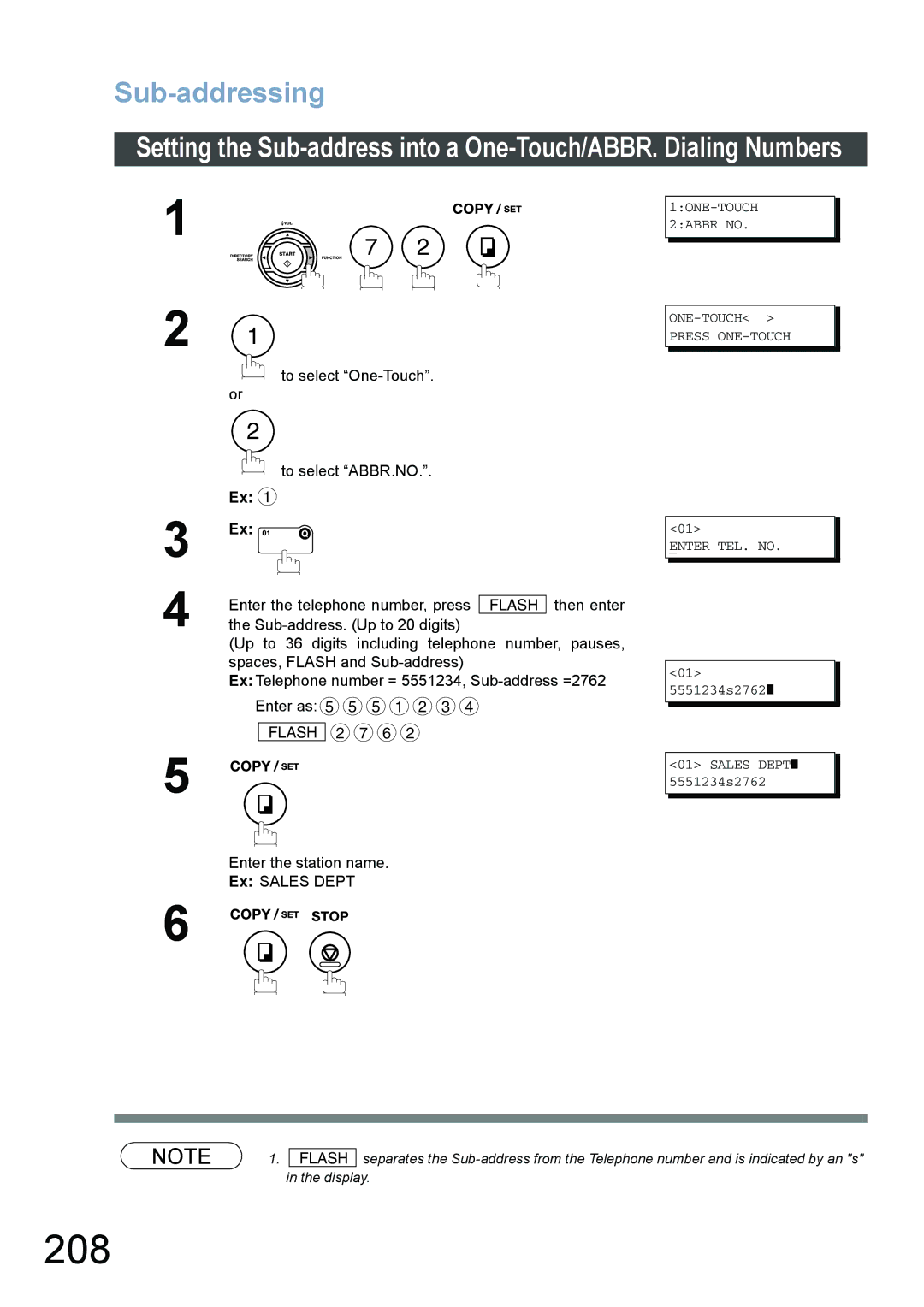 Panasonic DX-800 appendix 208, Sub-addressing, To select One-Touch 