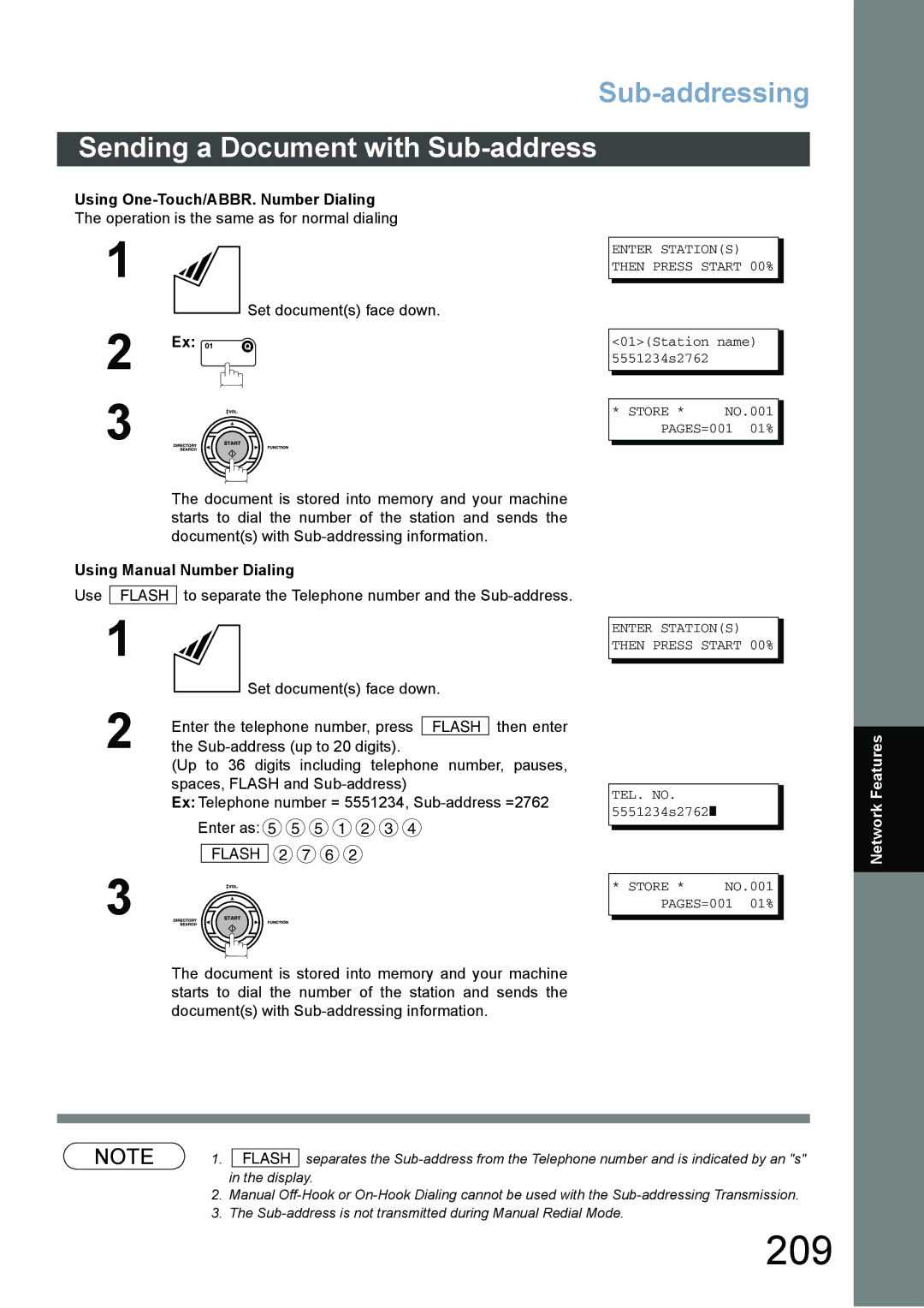 Panasonic DX-800 appendix 209, Sending a Document with Sub-address, Using One-Touch/ABBR. Number Dialing 