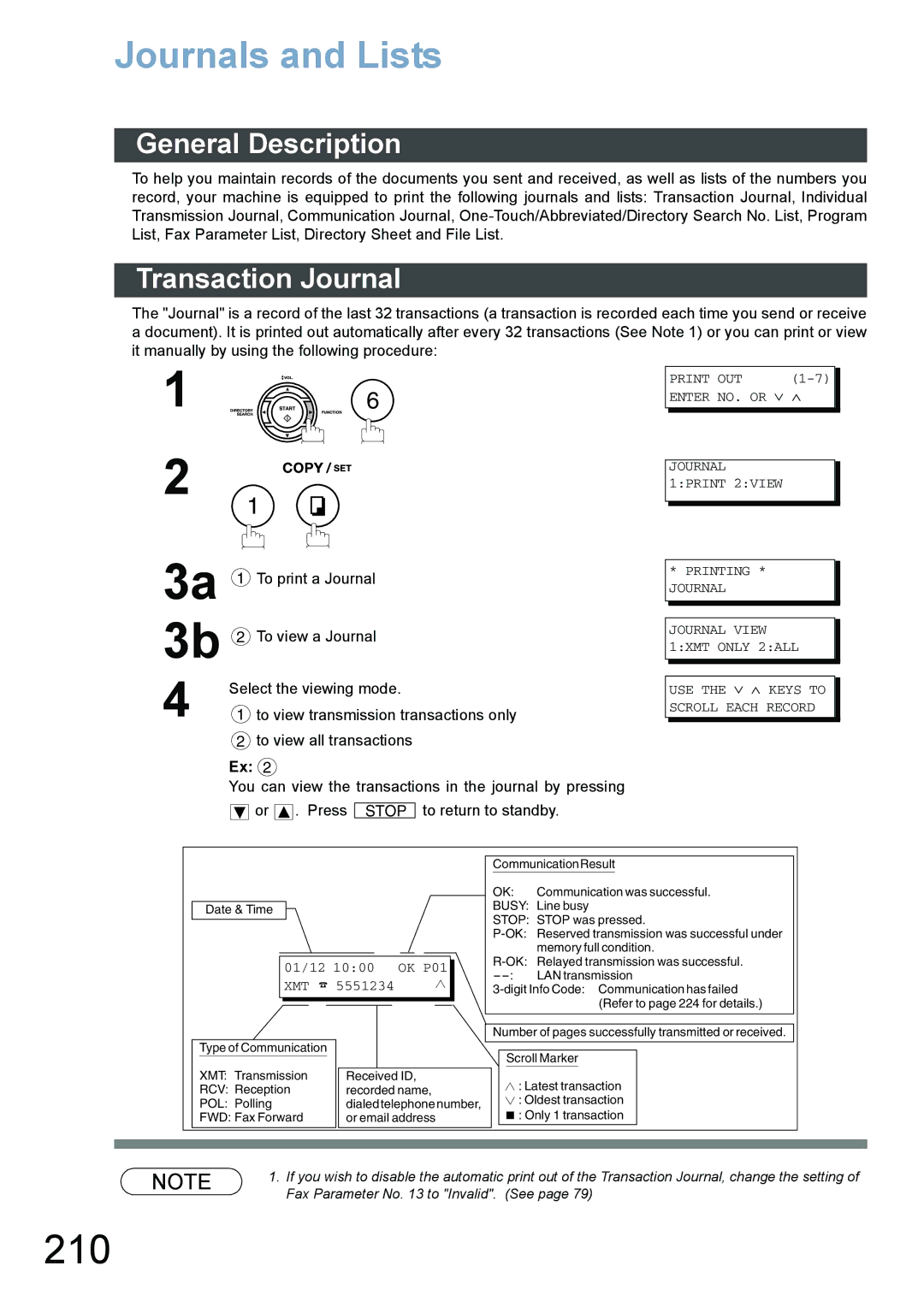 Panasonic DX-800 appendix 210, Journals and Lists, Transaction Journal, Xmt 