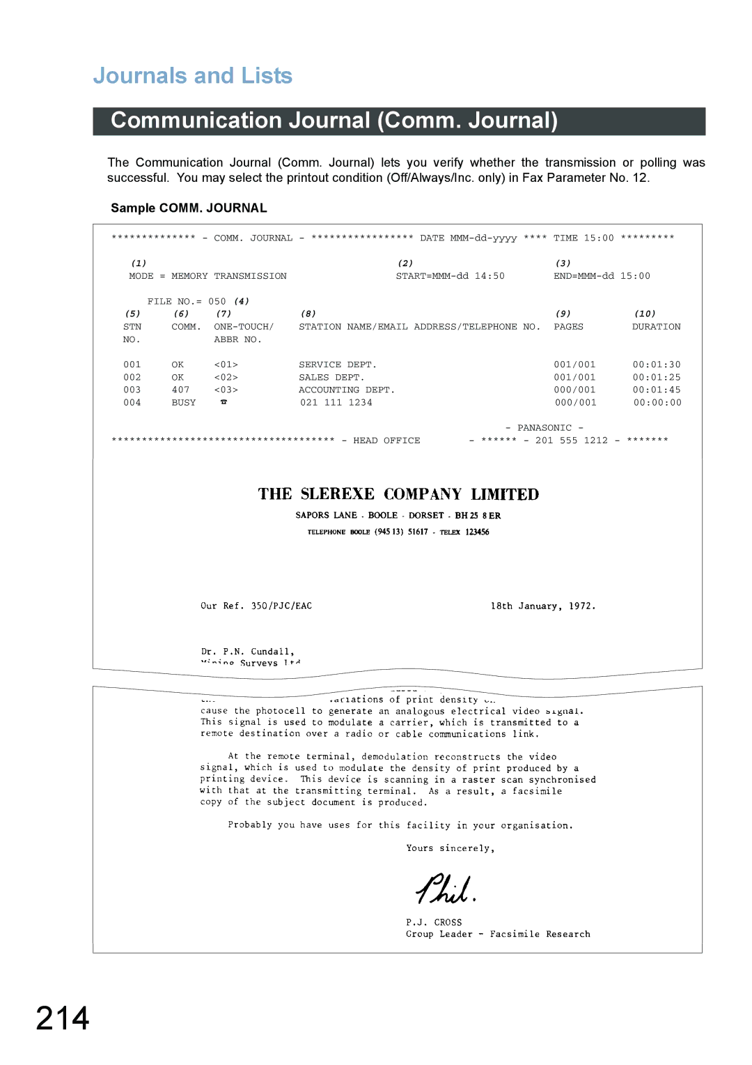 Panasonic DX-800 appendix 214, Sample COMM. Journal 