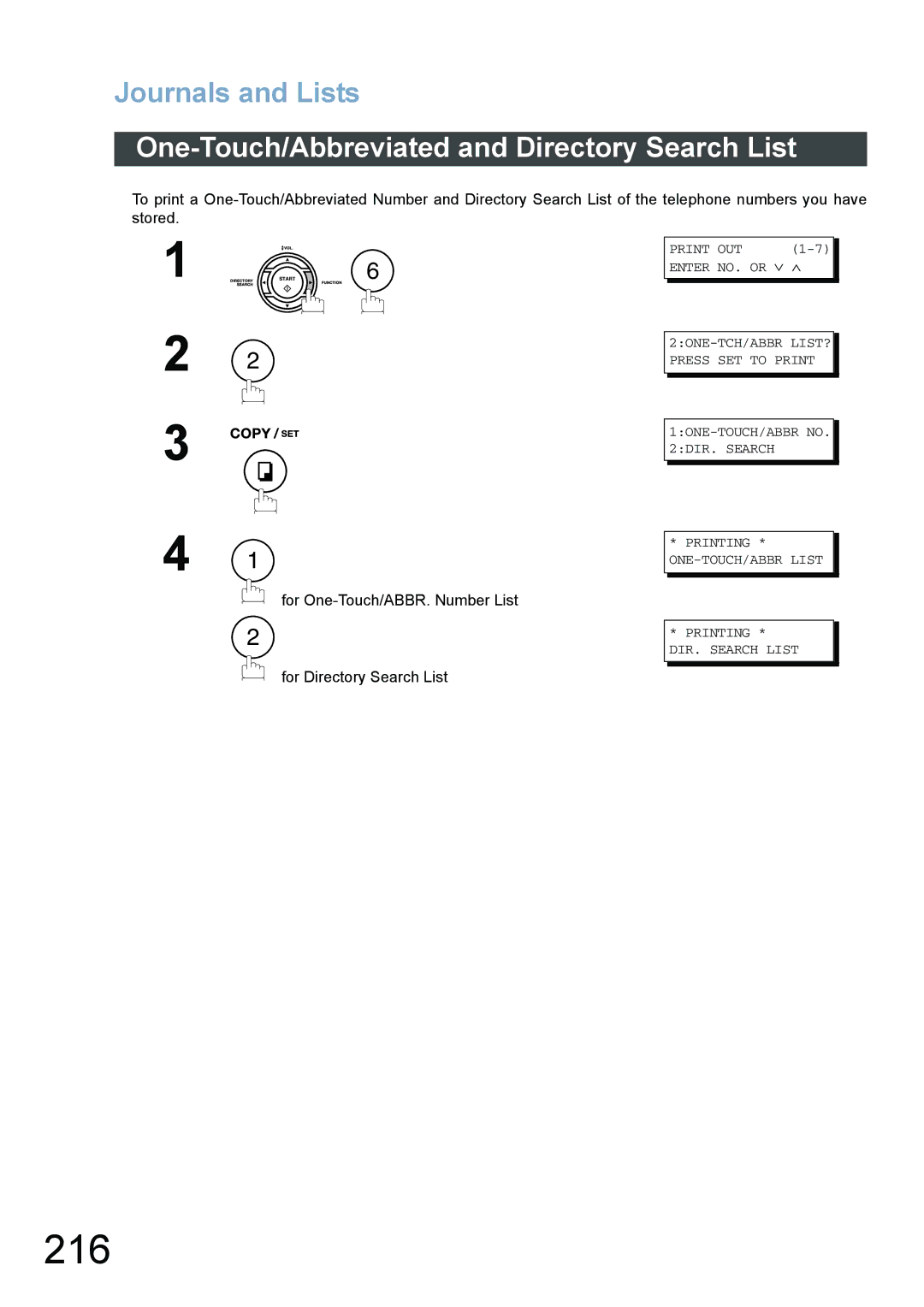 Panasonic DX-800 appendix 216, One-Touch/Abbreviated and Directory Search List, For Directory Search List 