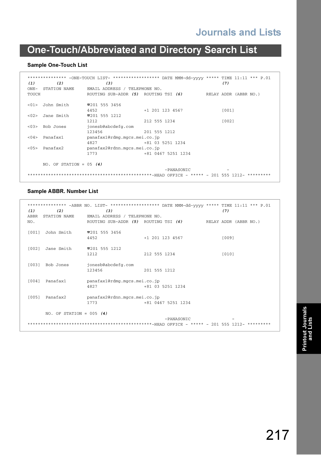 Panasonic DX-800 appendix 217, Sample One-Touch List, Sample ABBR. Number List 