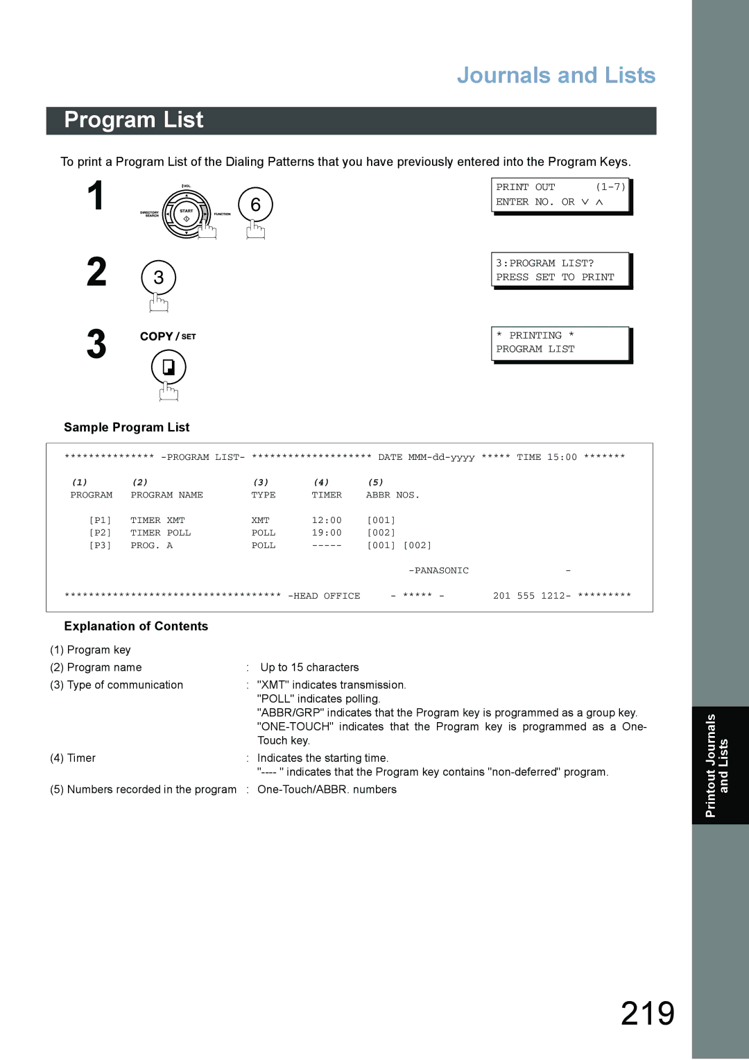 Panasonic DX-800 appendix 219, Sample Program List, 3PROGRAM LIST? Press SET to Print Printing Program List 