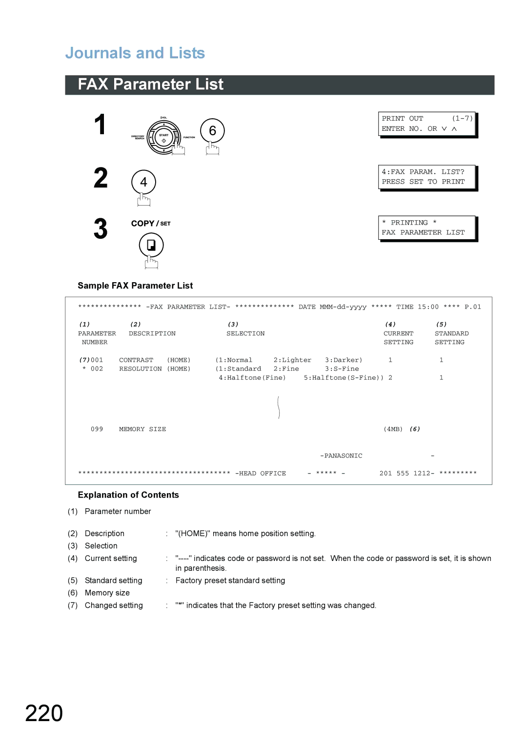 Panasonic DX-800 appendix 220, Sample FAX Parameter List 