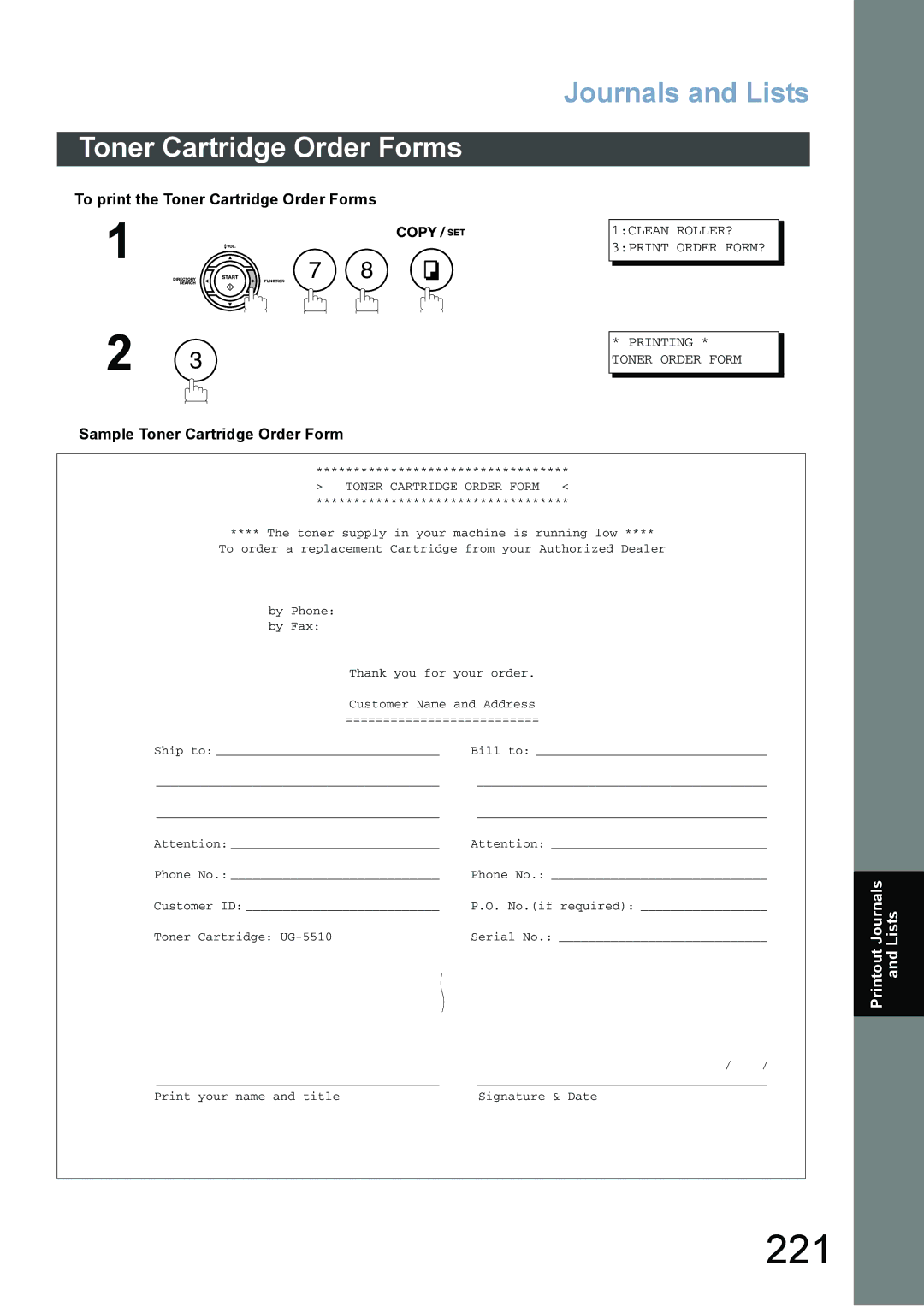 Panasonic DX-800 appendix 221, To print the Toner Cartridge Order Forms, Sample Toner Cartridge Order Form 