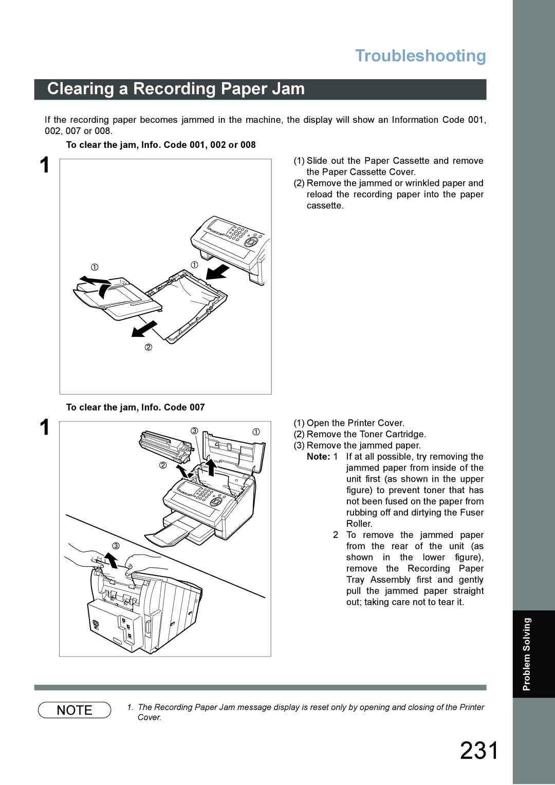 Panasonic DX-800 appendix 231, Clearing a Recording Paper Jam, To clear the jam, Info. Code 001, 002 or 