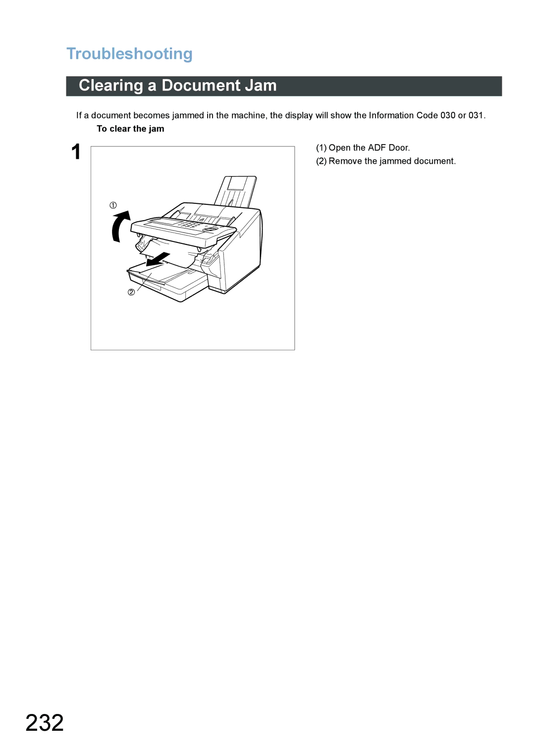 Panasonic DX-800 appendix 232, Clearing a Document Jam, To clear the jam, Open the ADF Door Remove the jammed document 