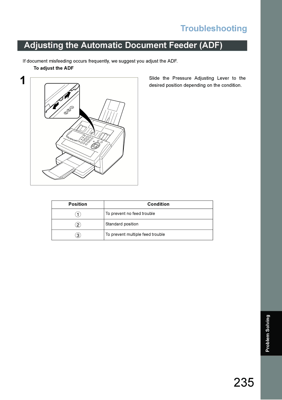 Panasonic DX-800 appendix 235, Adjusting the Automatic Document Feeder ADF, To adjust the ADF, Position Condition 