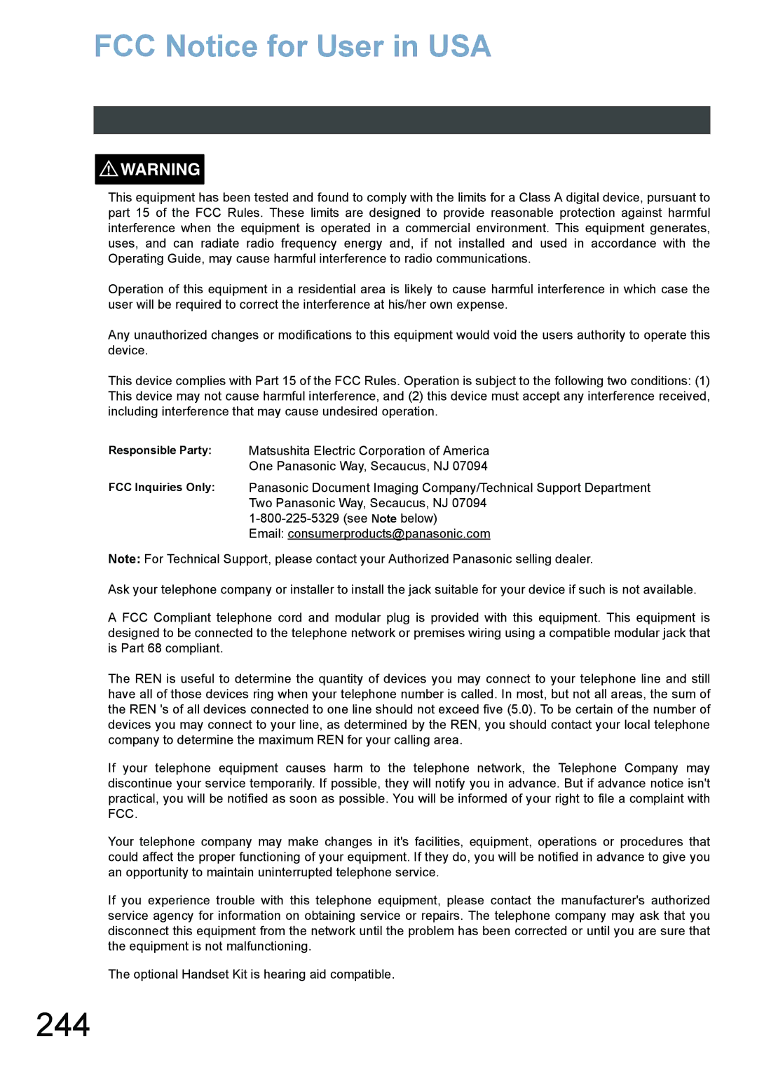 Panasonic DX-800 appendix 244, FCC Notice for User in USA 