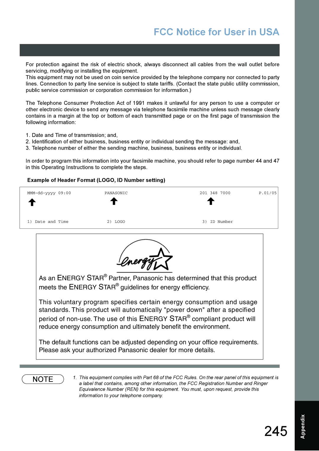 Panasonic DX-800 appendix 245, FCC Notice for User in USA, Example of Header Format LOGO, ID Number setting 