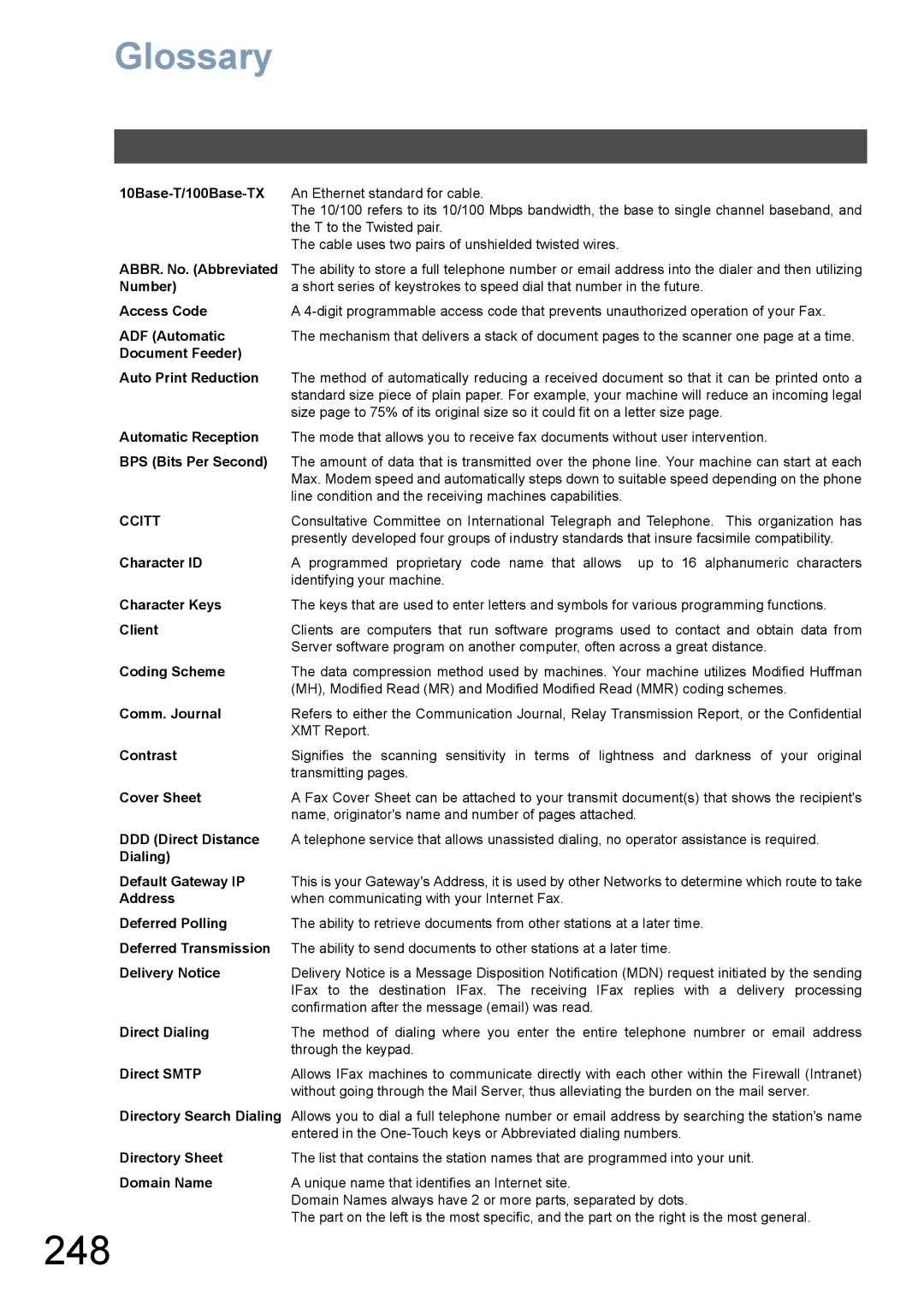 Panasonic DX-800 appendix 248, Glossary 