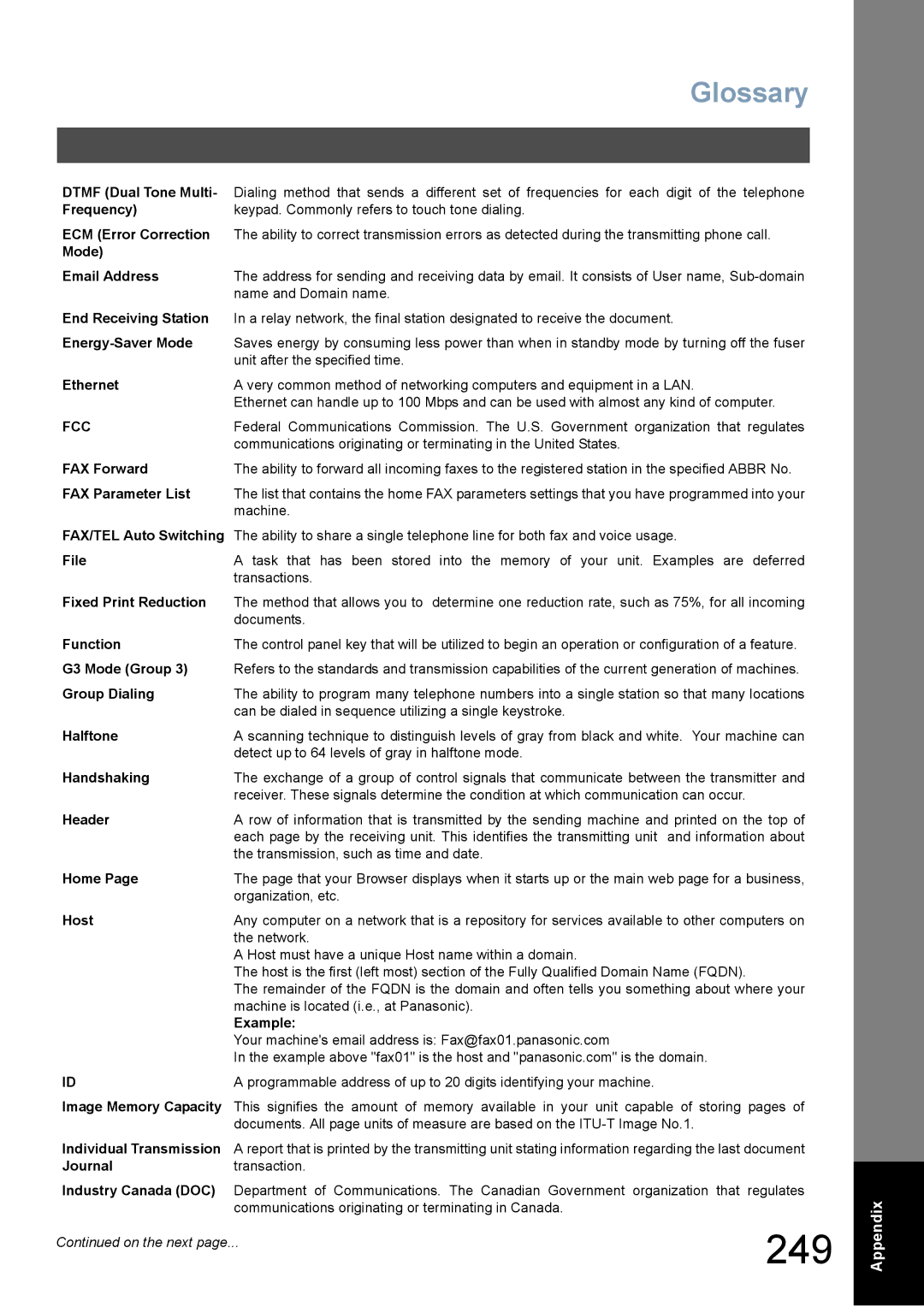 Panasonic DX-800 appendix Glossary, Mode Email Address 