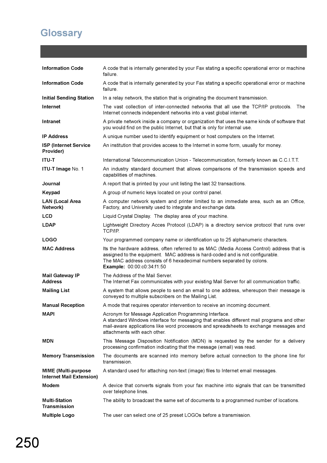 Panasonic DX-800 appendix 250, Information Code 