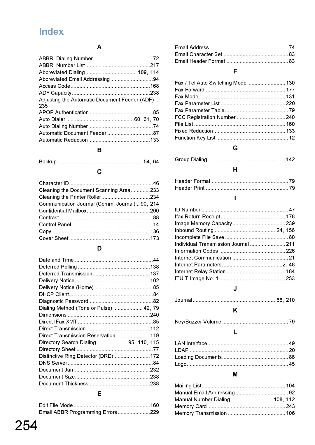 Panasonic DX-800 appendix 254, Index 