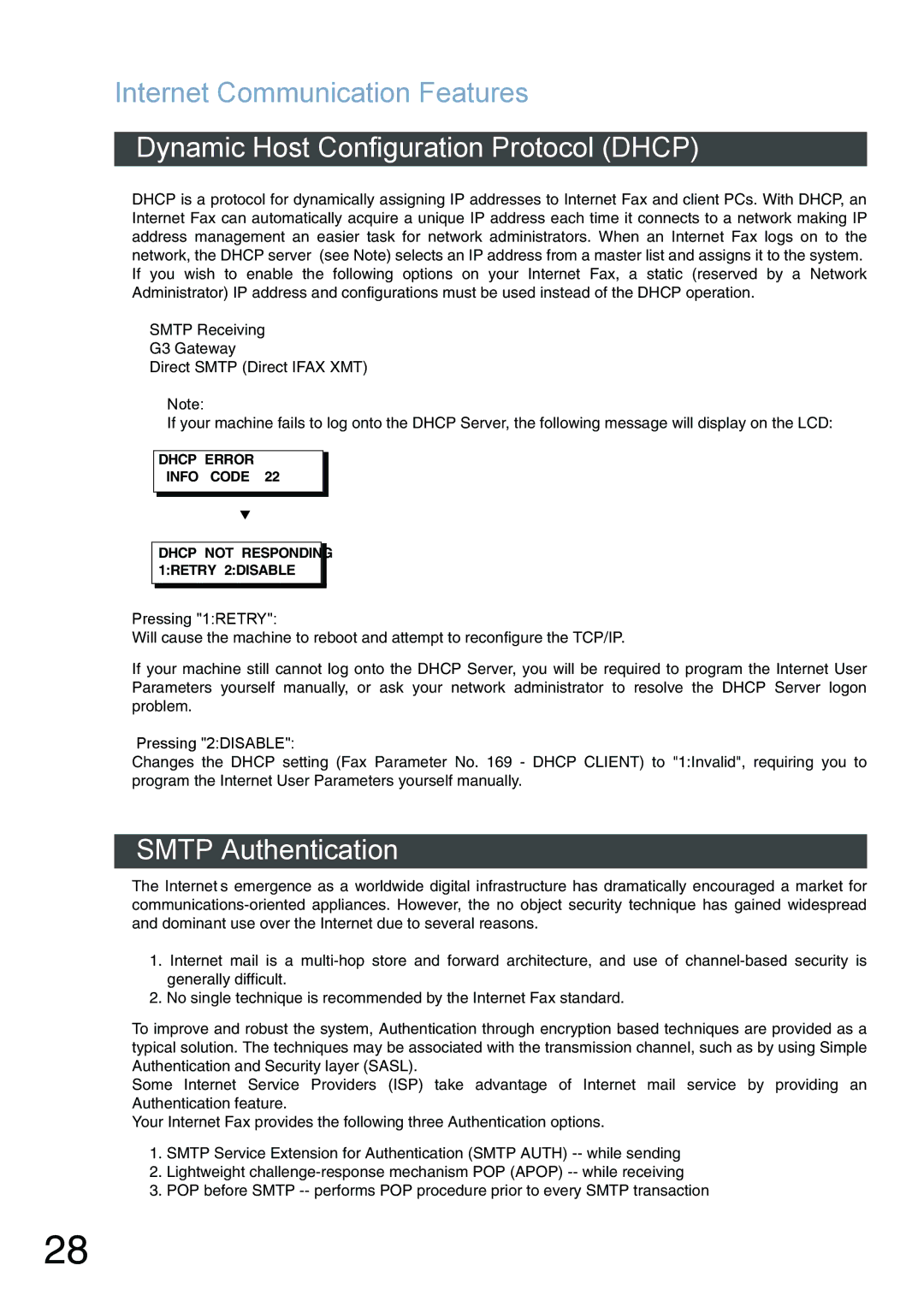 Panasonic DX-800 appendix Dynamic Host Configuration Protocol Dhcp, Smtp Authentication, Pressing 1RETRY, Pressing 2DISABLE 