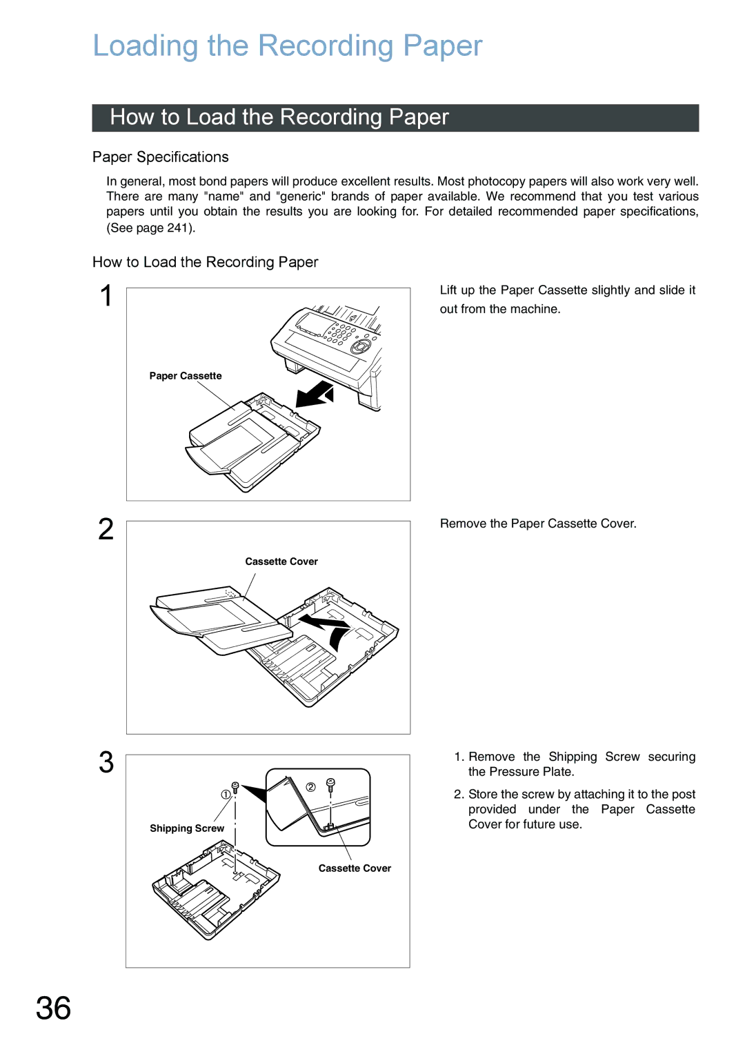 Panasonic DX-800 appendix Loading the Recording Paper, How to Load the Recording Paper, Paper Specifications 