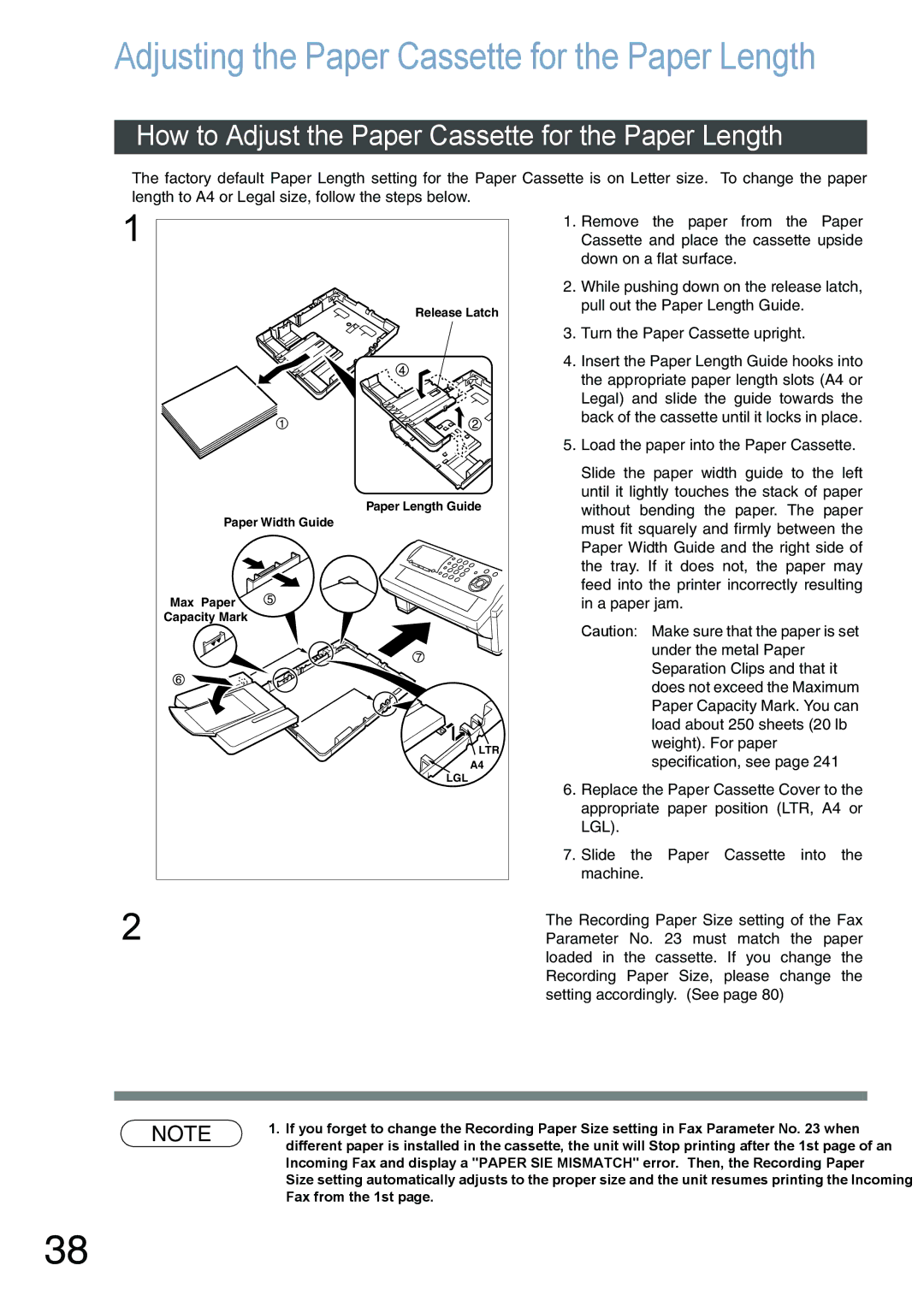 Panasonic DX-800 Adjusting the Paper Cassette for the Paper Length, How to Adjust the Paper Cassette for the Paper Length 