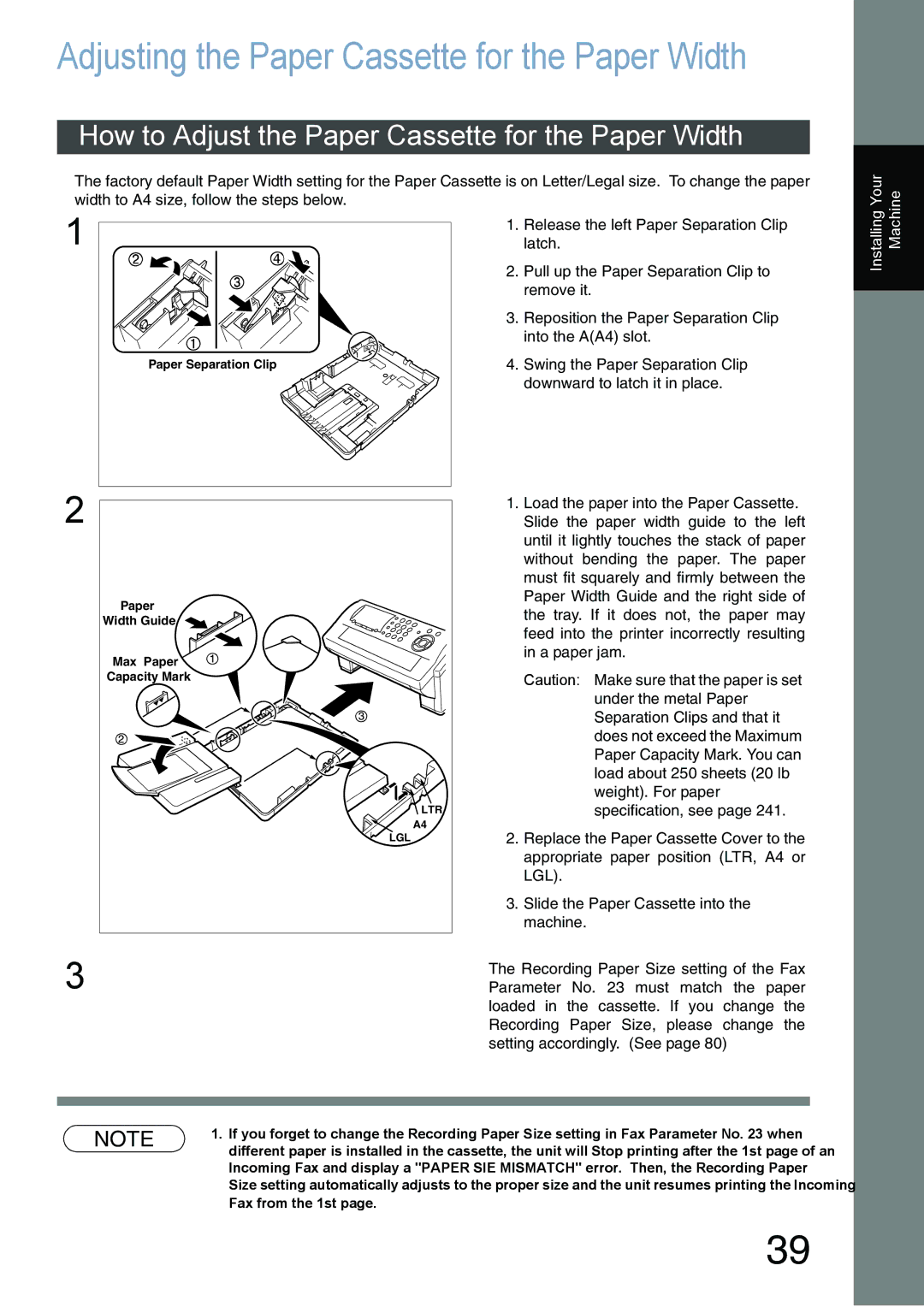 Panasonic DX-800 Adjusting the Paper Cassette for the Paper Width, How to Adjust the Paper Cassette for the Paper Width 