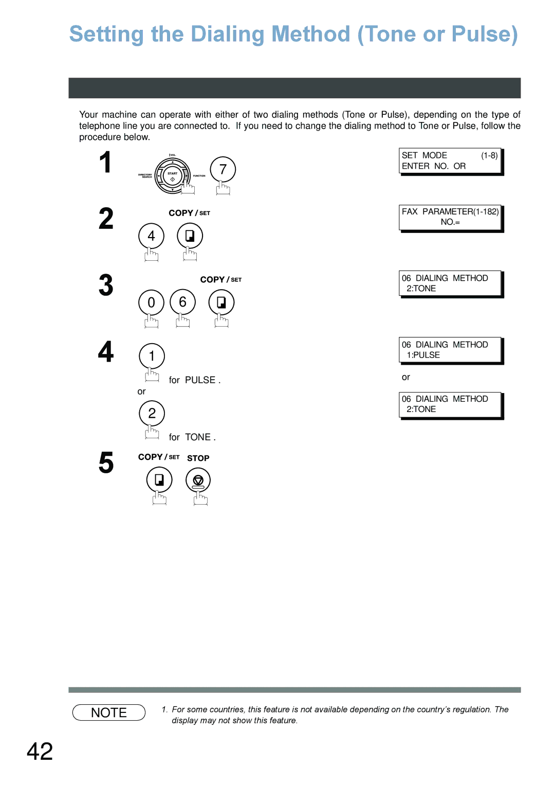 Panasonic DX-800 appendix Setting the Dialing Method Tone or Pulse, SET Mode Enter NO. or ∨ ∧ FAX PARAMETER1-182 