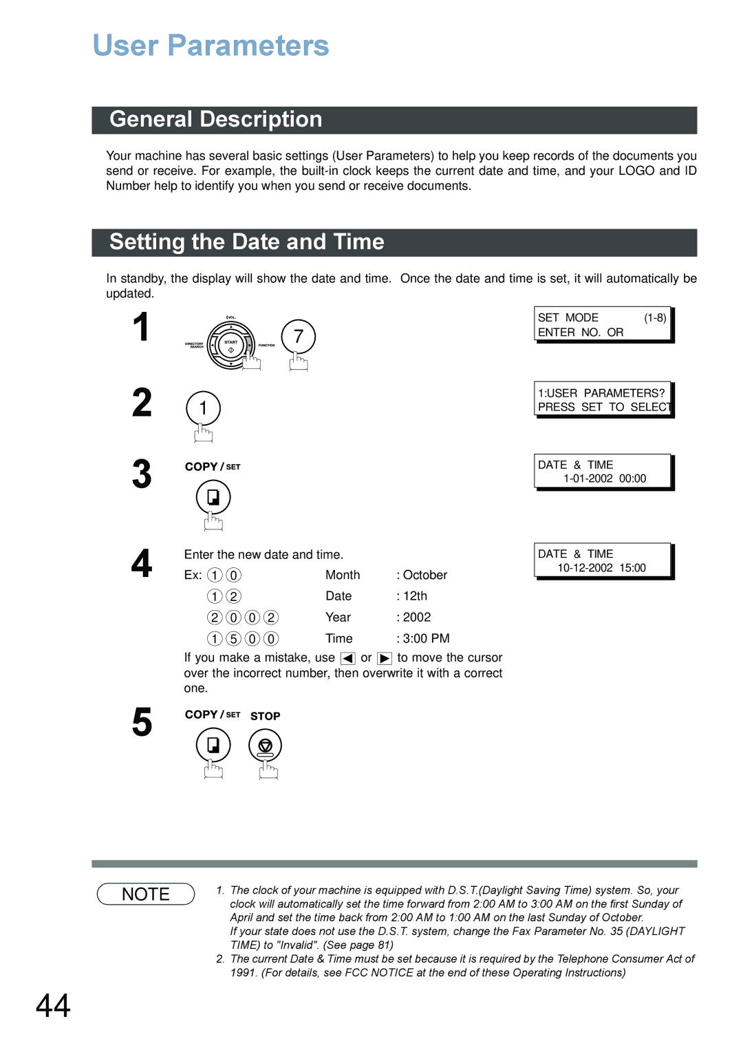 Panasonic DX-800 appendix User Parameters, General Description, Setting the Date and Time 