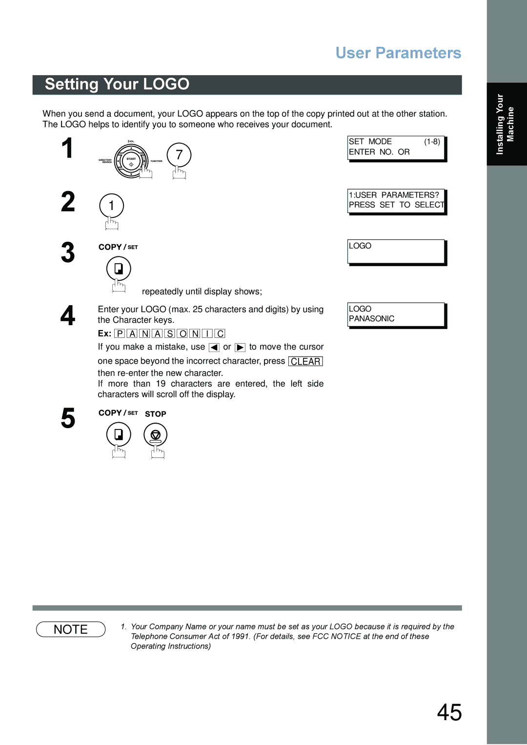 Panasonic DX-800 appendix User Parameters, Setting Your Logo 