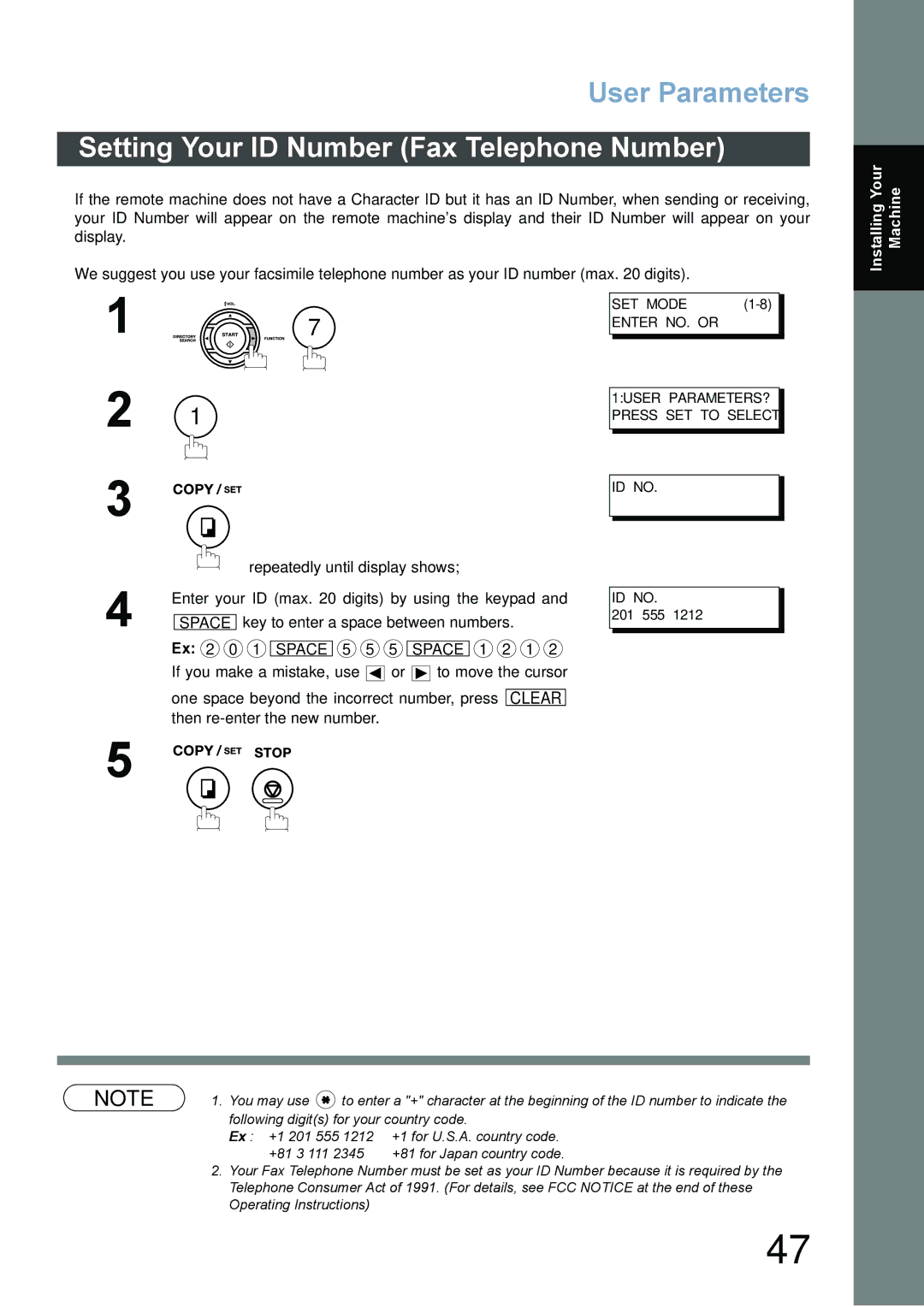 Panasonic DX-800 appendix Setting Your ID Number Fax Telephone Number, 201 555 