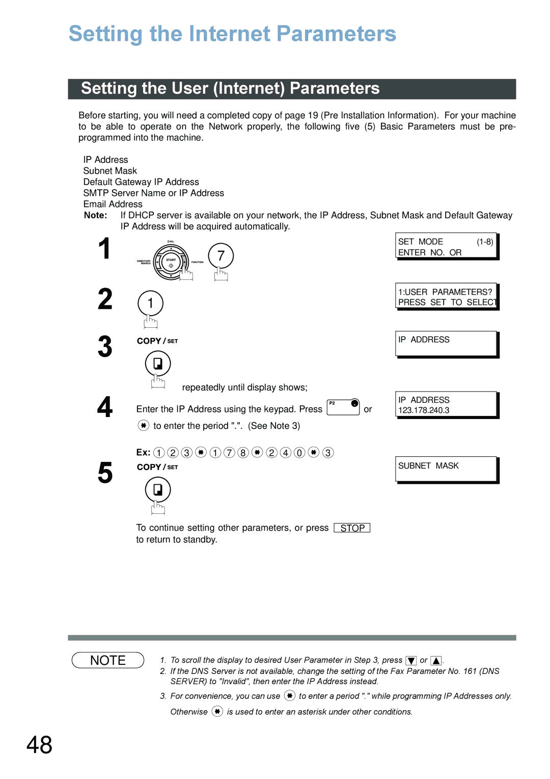 Panasonic DX-800 appendix Setting the Internet Parameters, Setting the User Internet Parameters, Subnet Mask 