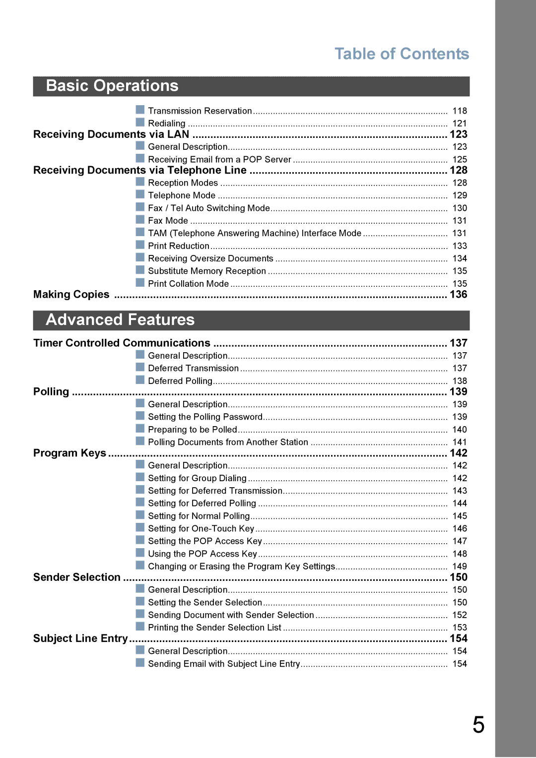 Panasonic DX-800 appendix Table of Contents, Advanced Features 