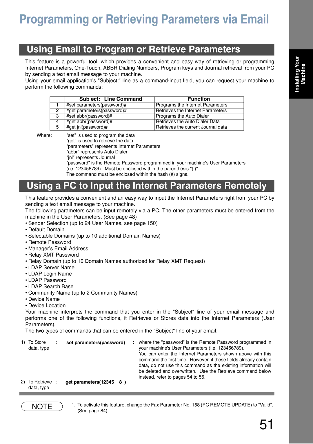 Panasonic DX-800 Using Email to Program or Retrieve Parameters, Using a PC to Input the Internet Parameters Remotely 