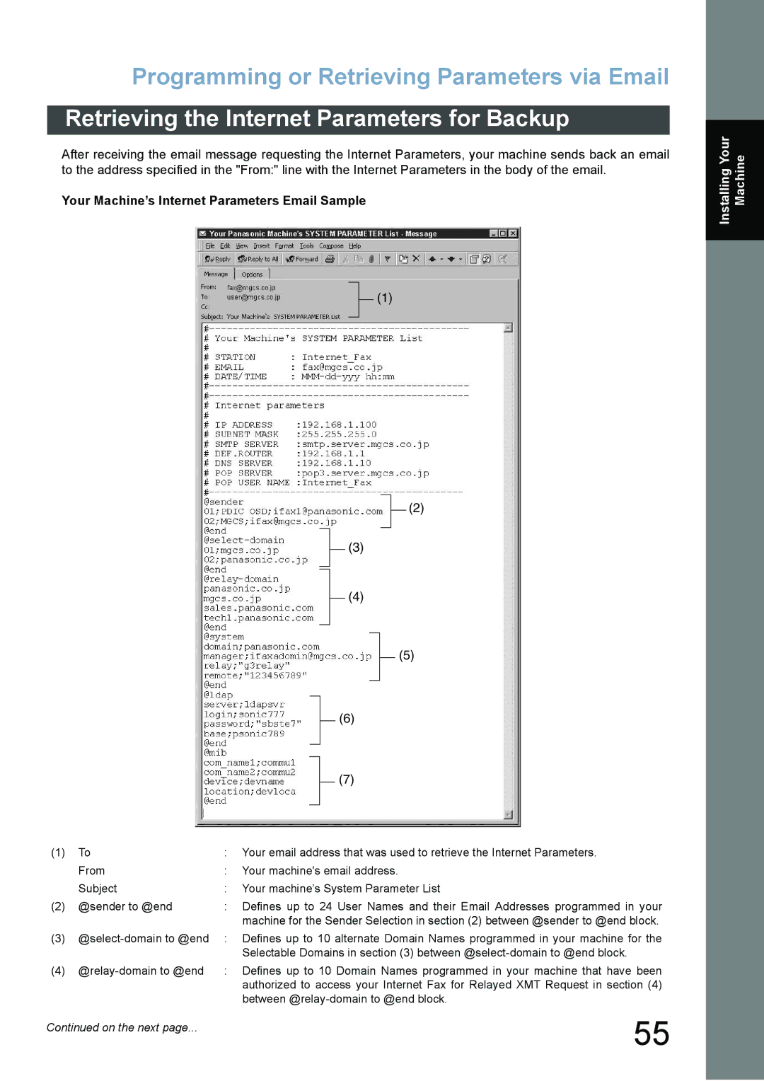 Panasonic DX-800 appendix Your Machine’s Internet Parameters Email Sample 