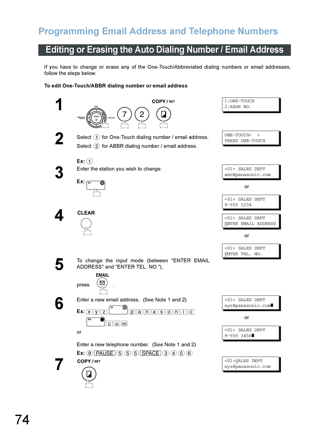 Panasonic DX-800 appendix To edit One-Touch/ABBR dialing number or email address, 1ONE-TOUCH 2ABBR no Press ONE-TOUCH 