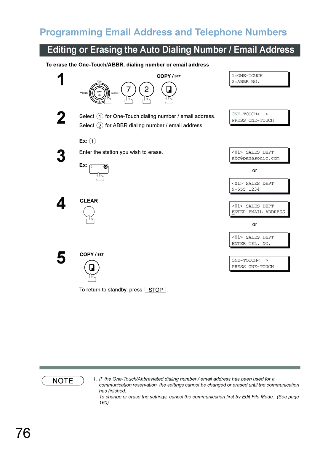 Panasonic DX-800 appendix To erase the One-Touch/ABBR. dialing number or email address 