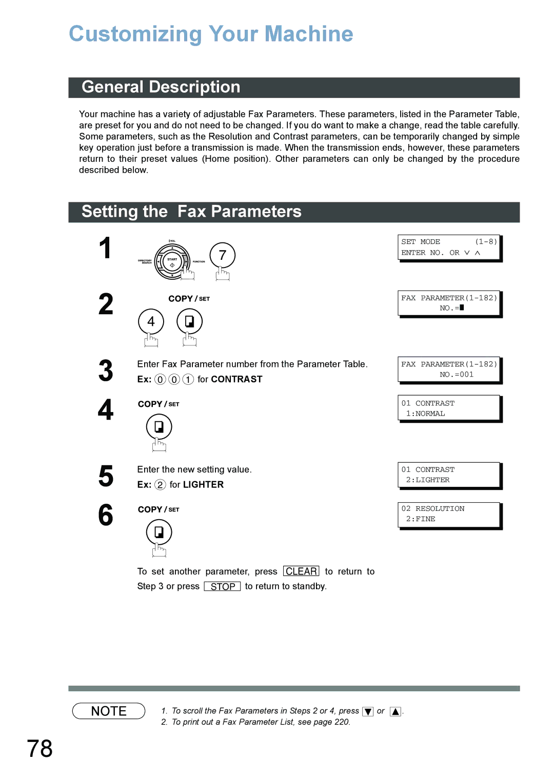 Panasonic DX-800 Customizing Your Machine, Setting the Fax Parameters, Enter Fax Parameter number from the Parameter Table 