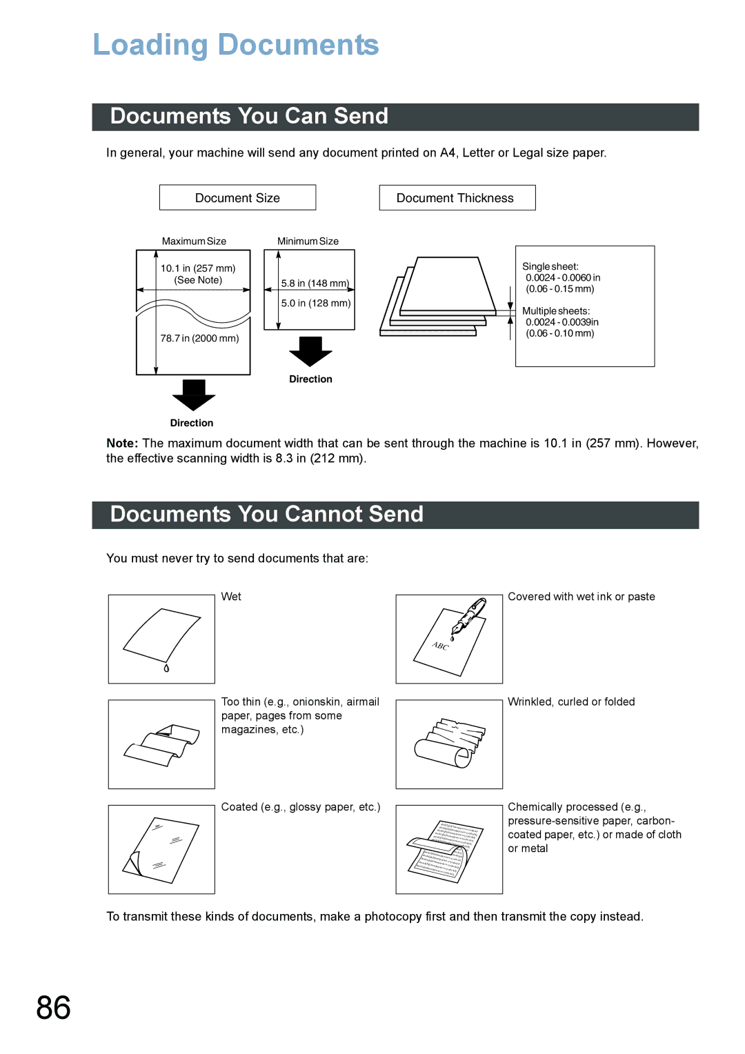 Panasonic DX-800 appendix Loading Documents, Documents You Can Send, Documents You Cannot Send 