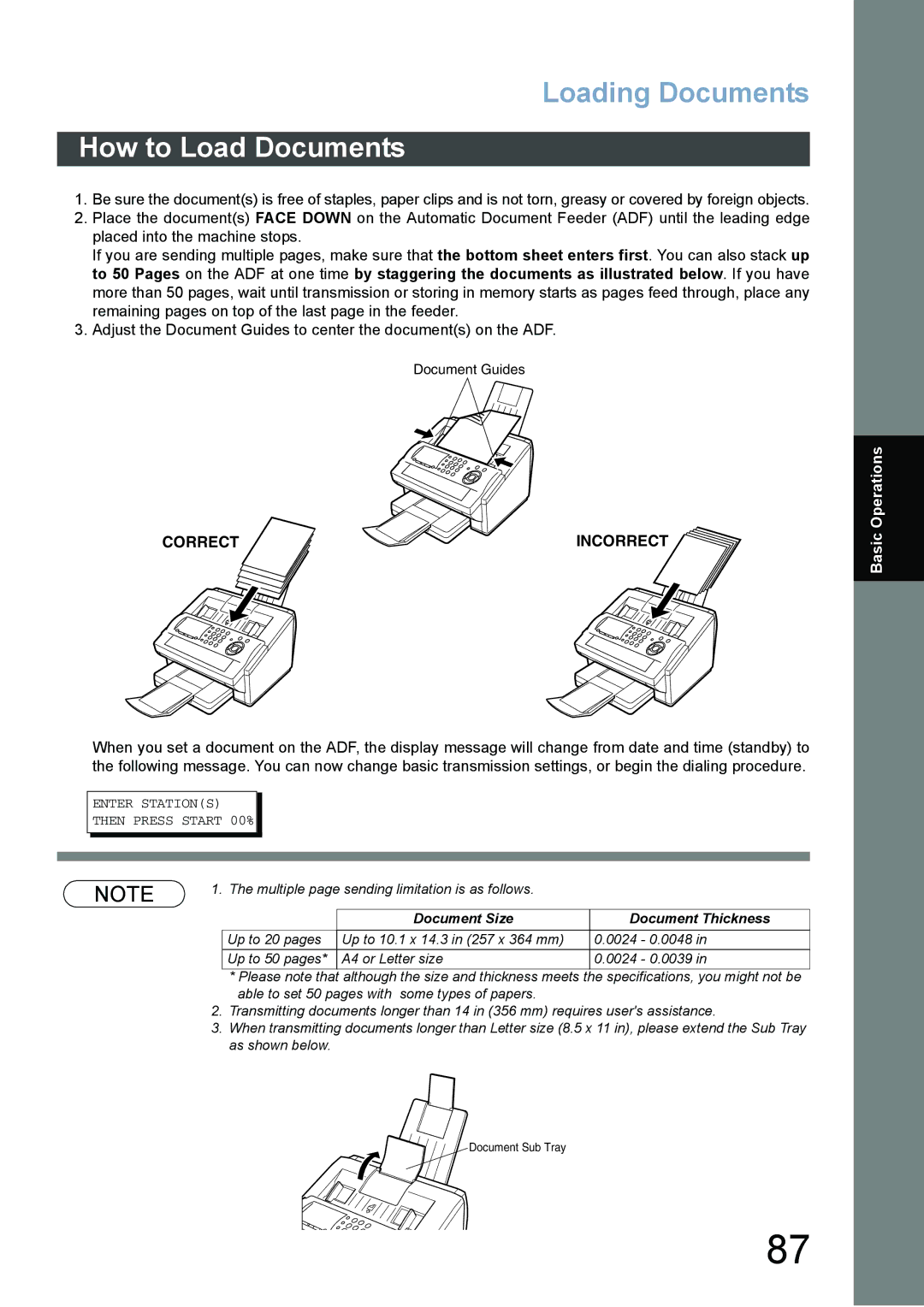 Panasonic DX-800 appendix Loading Documents, How to Load Documents, Enter Stations Then Press Start 00% 