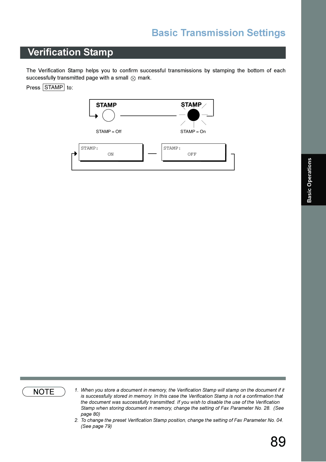 Panasonic DX-800 appendix Basic Transmission Settings, Verification Stamp, Stamp OFF 