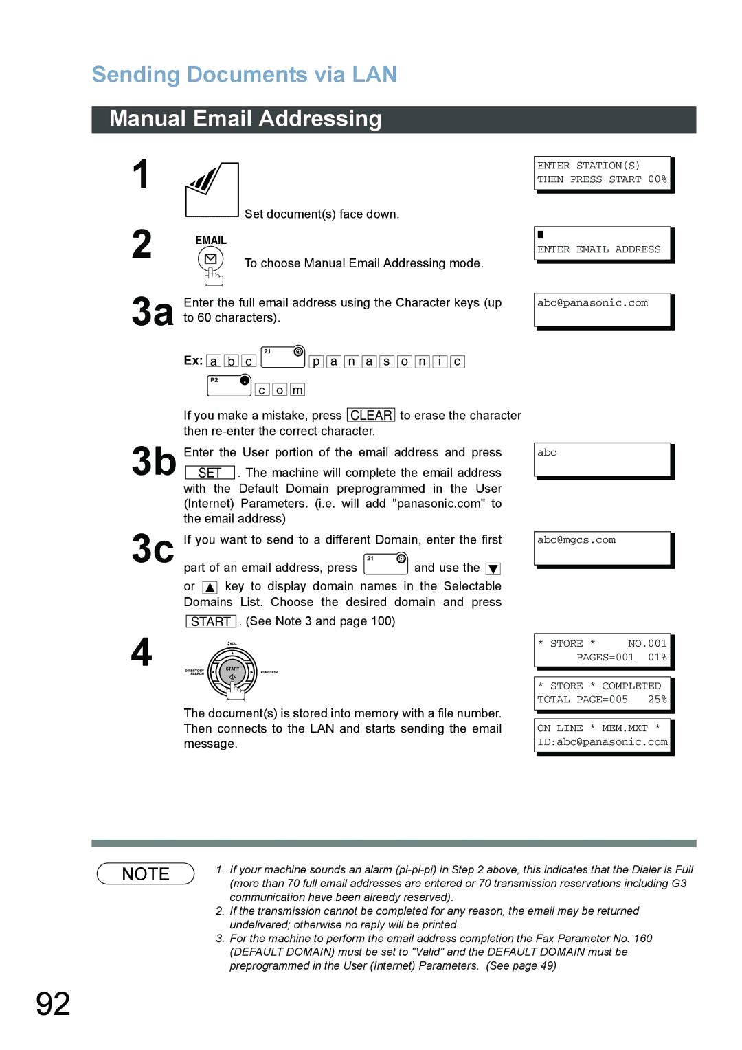 Panasonic DX-800 appendix Sending Documents via LAN, Manual Email Addressing, Set documents face down 