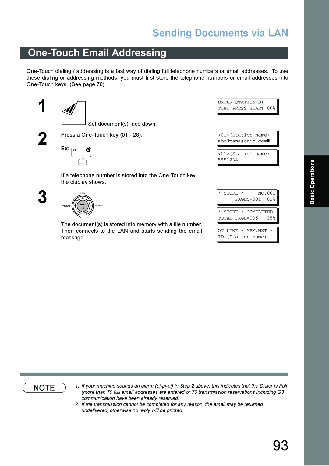 Panasonic DX-800 appendix One-Touch Email Addressing, Operations 