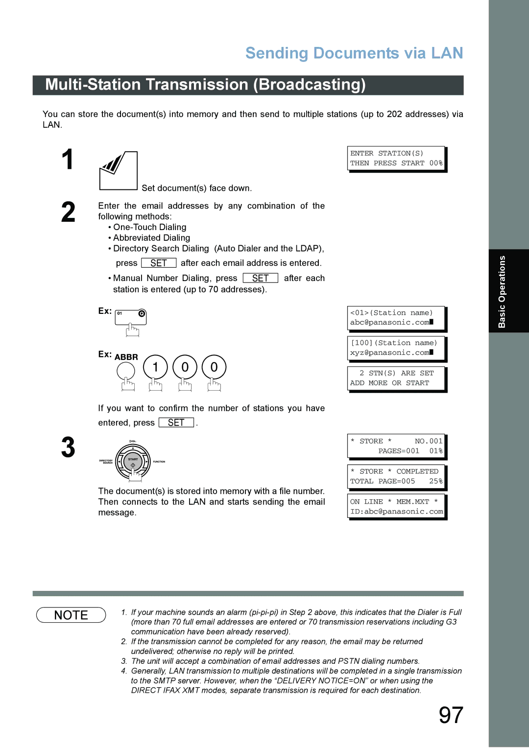 Panasonic DX-800 appendix Multi-Station Transmission Broadcasting, Stns are SET ADD More or Start 