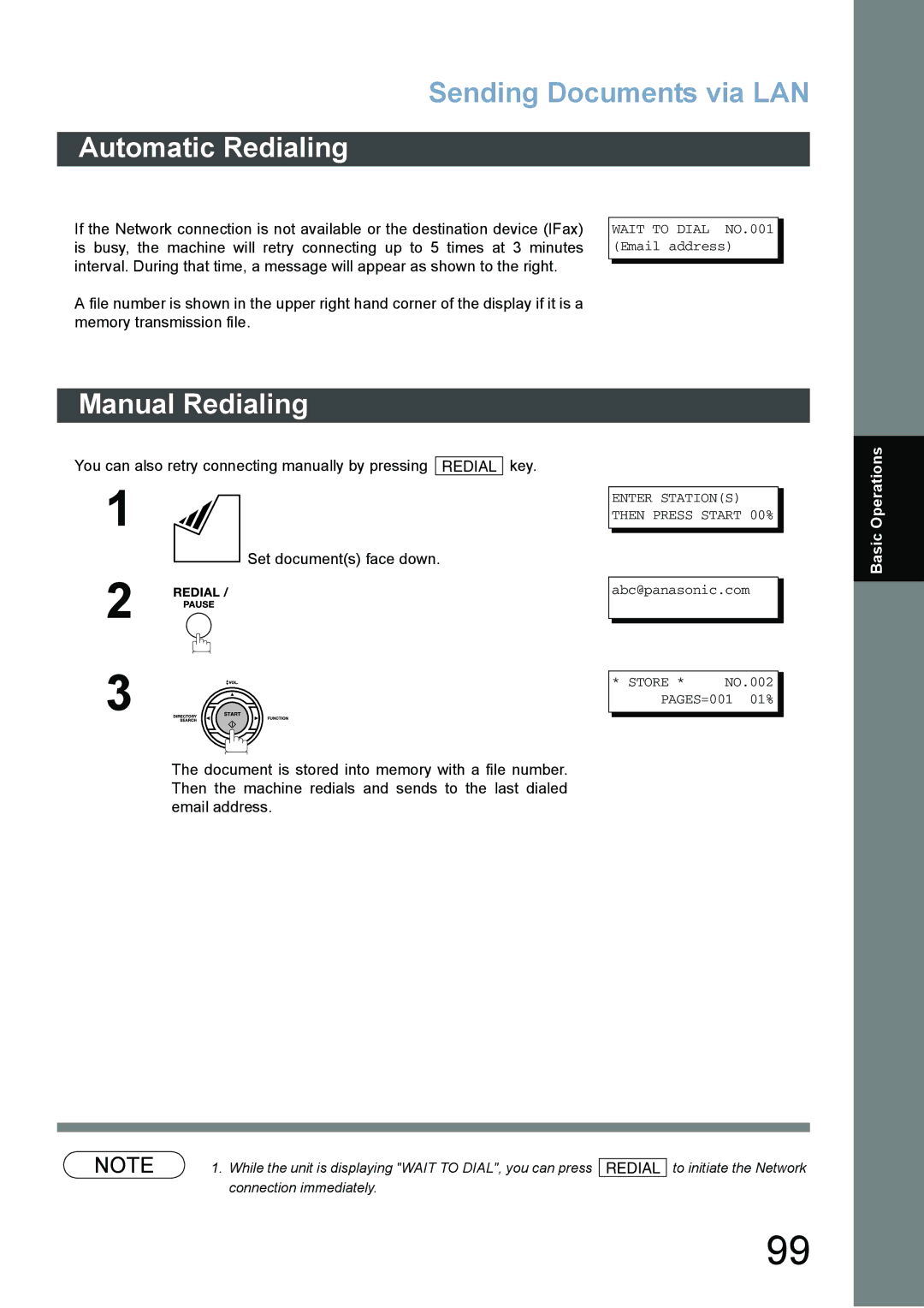 Panasonic DX-800 appendix Automatic Redialing, Manual Redialing, Wait to Dial NO.001 