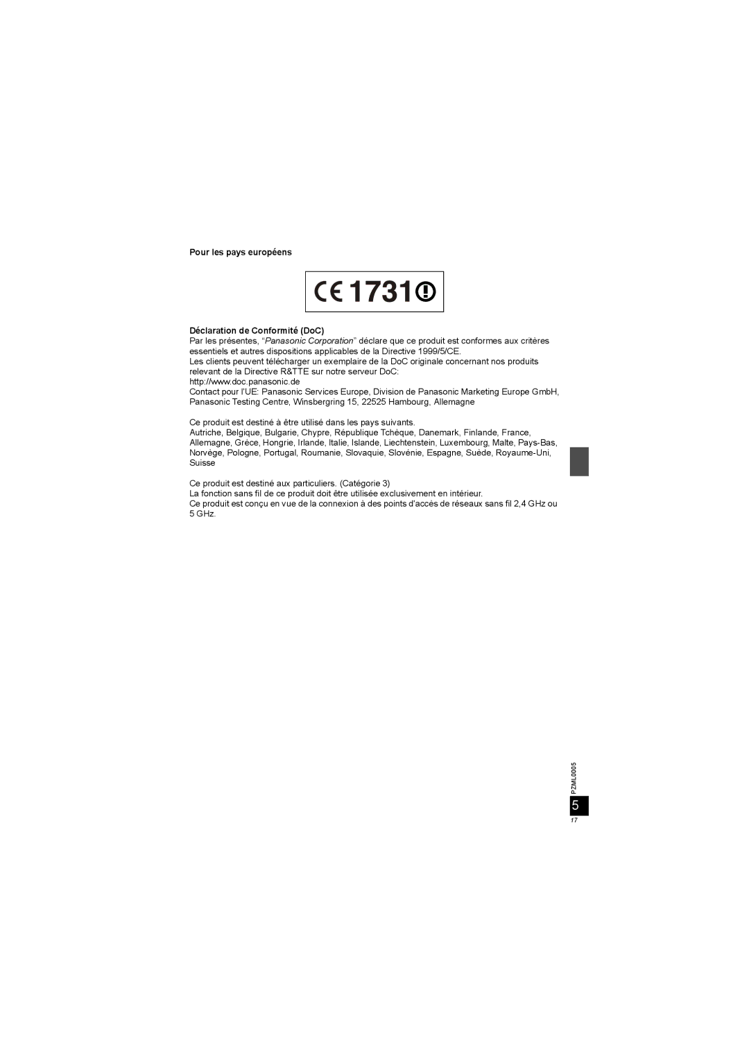 Panasonic DY-WL10 manual Pour les pays européens Déclaration de Conformité DoC 