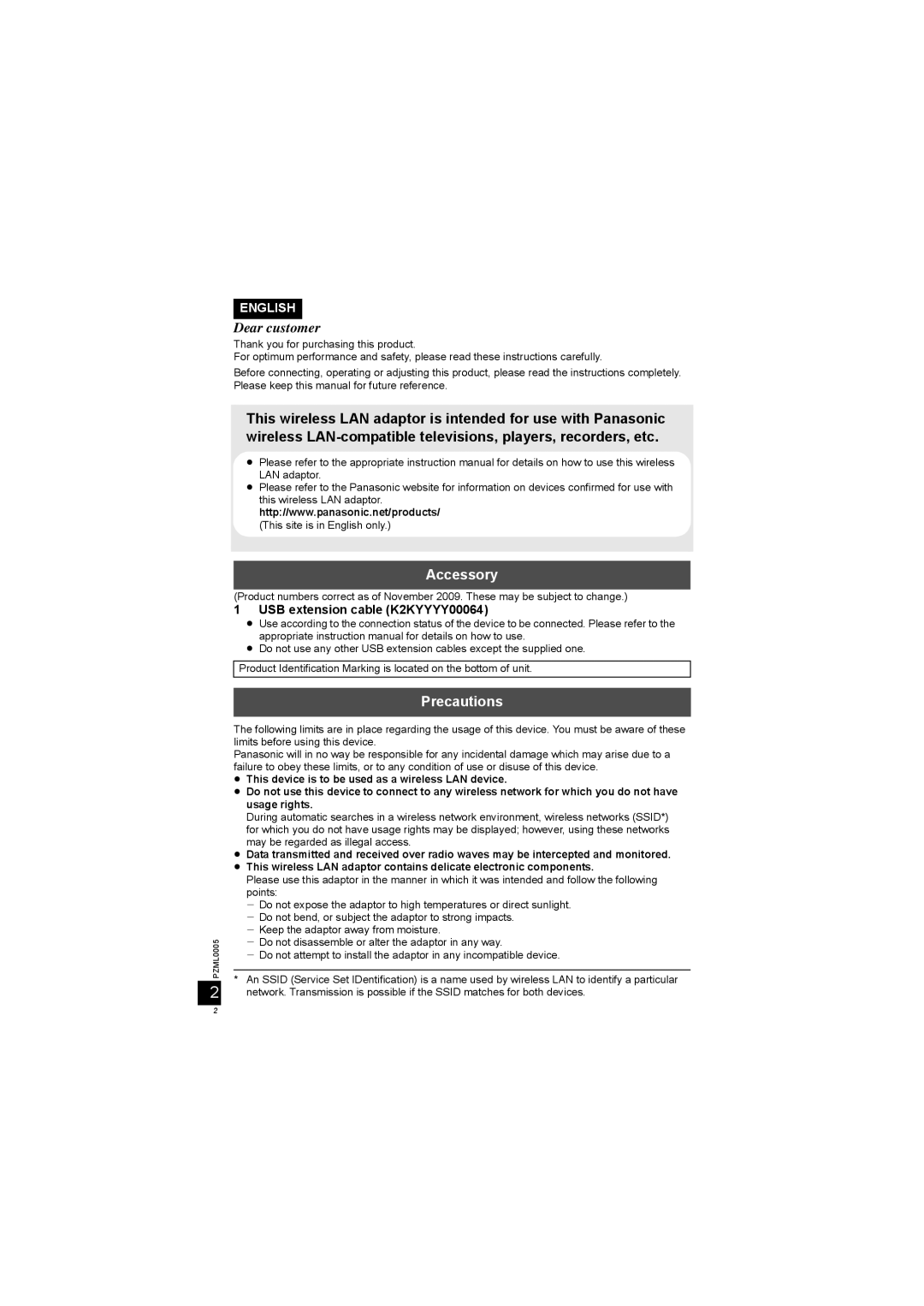 Panasonic DY-WL10 manual Dear customer, Accessory, Precautions, USB extension cable K2KYYYY00064 