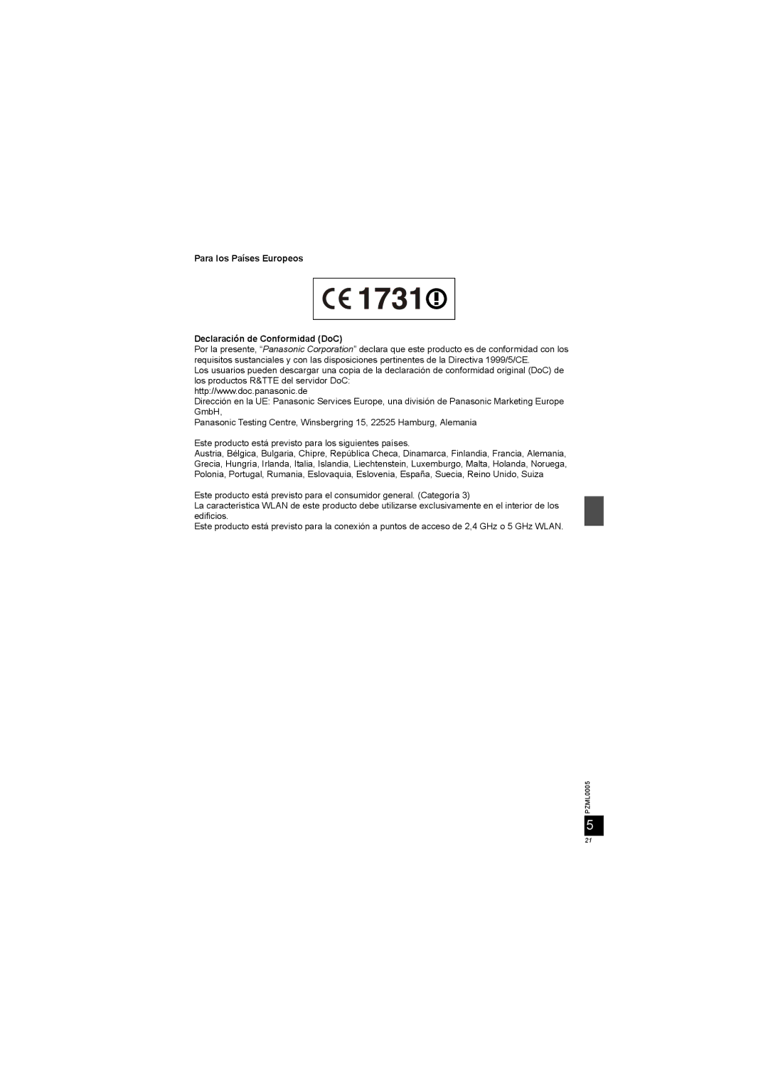 Panasonic DY-WL10 manual Para los Países Europeos Declaración de Conformidad DoC 