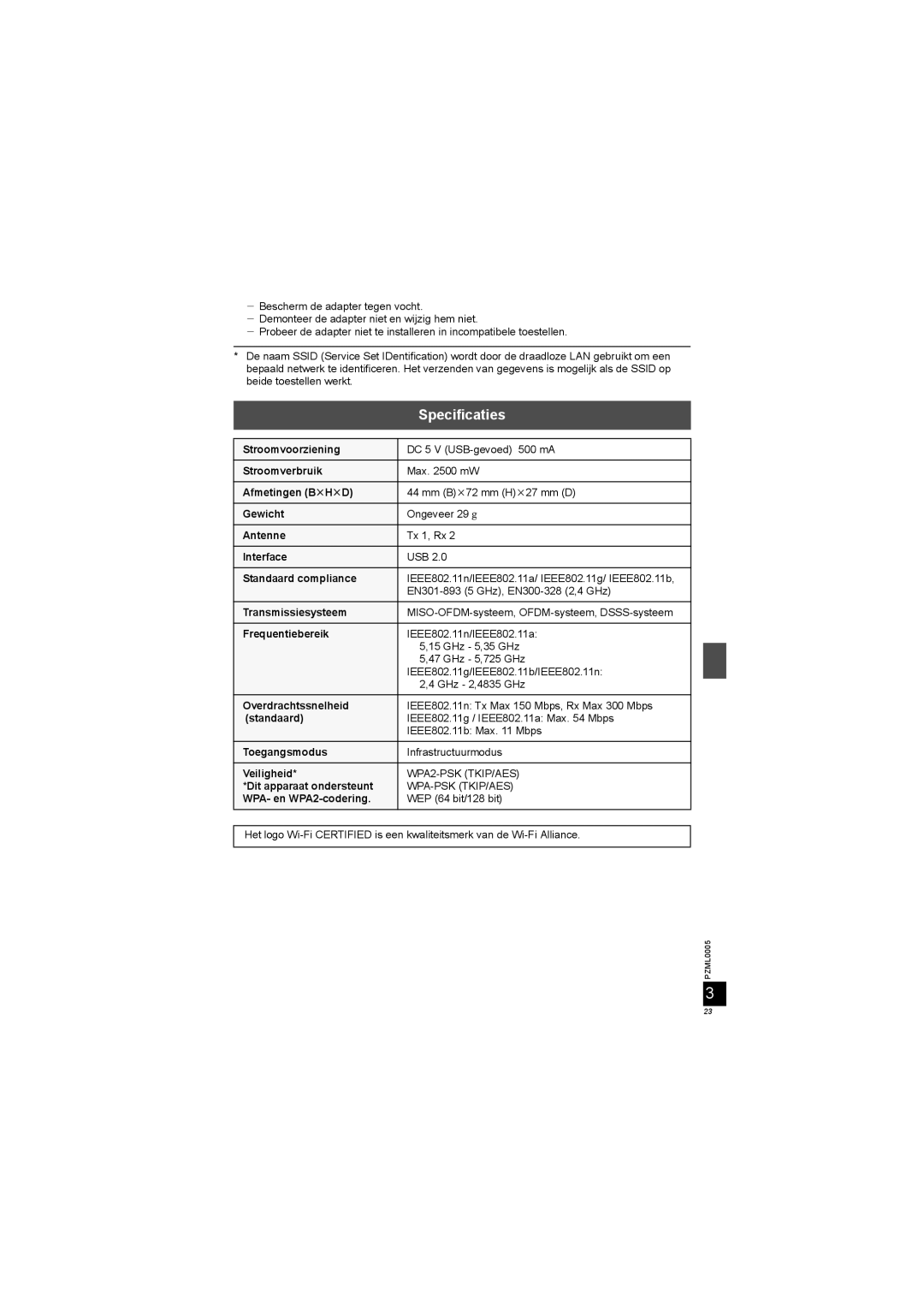 Panasonic DY-WL10 manual Specificaties 