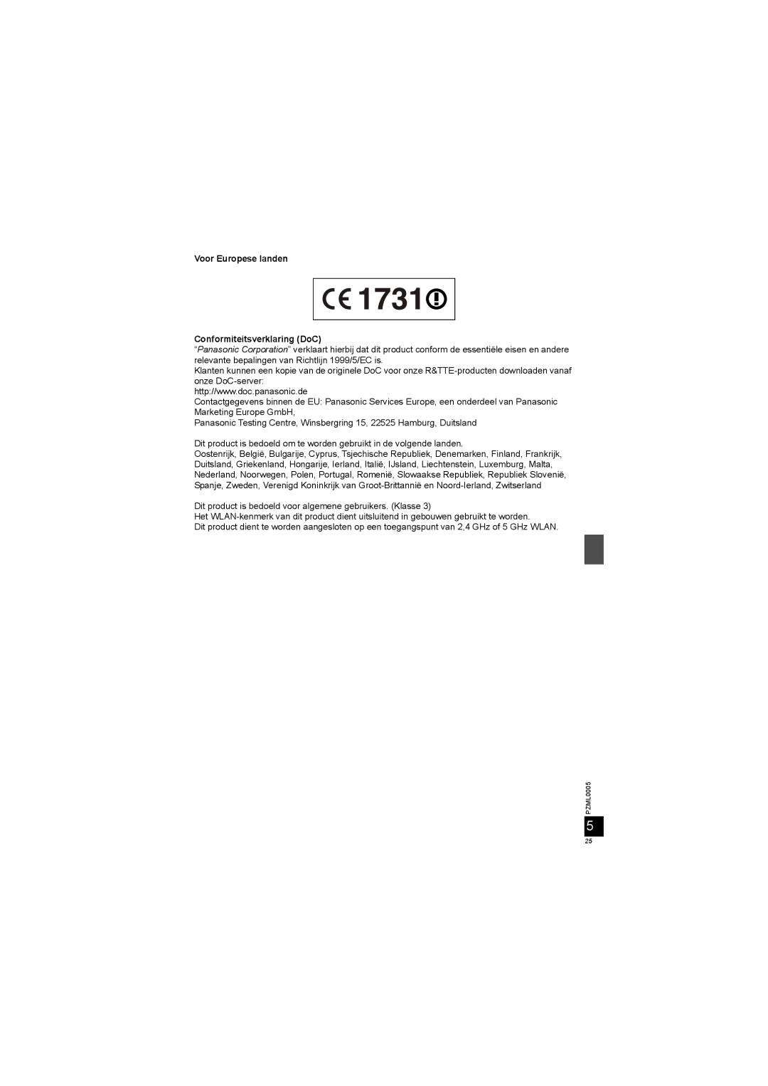 Panasonic DY-WL10 manual Voor Europese landen Conformiteitsverklaring DoC 